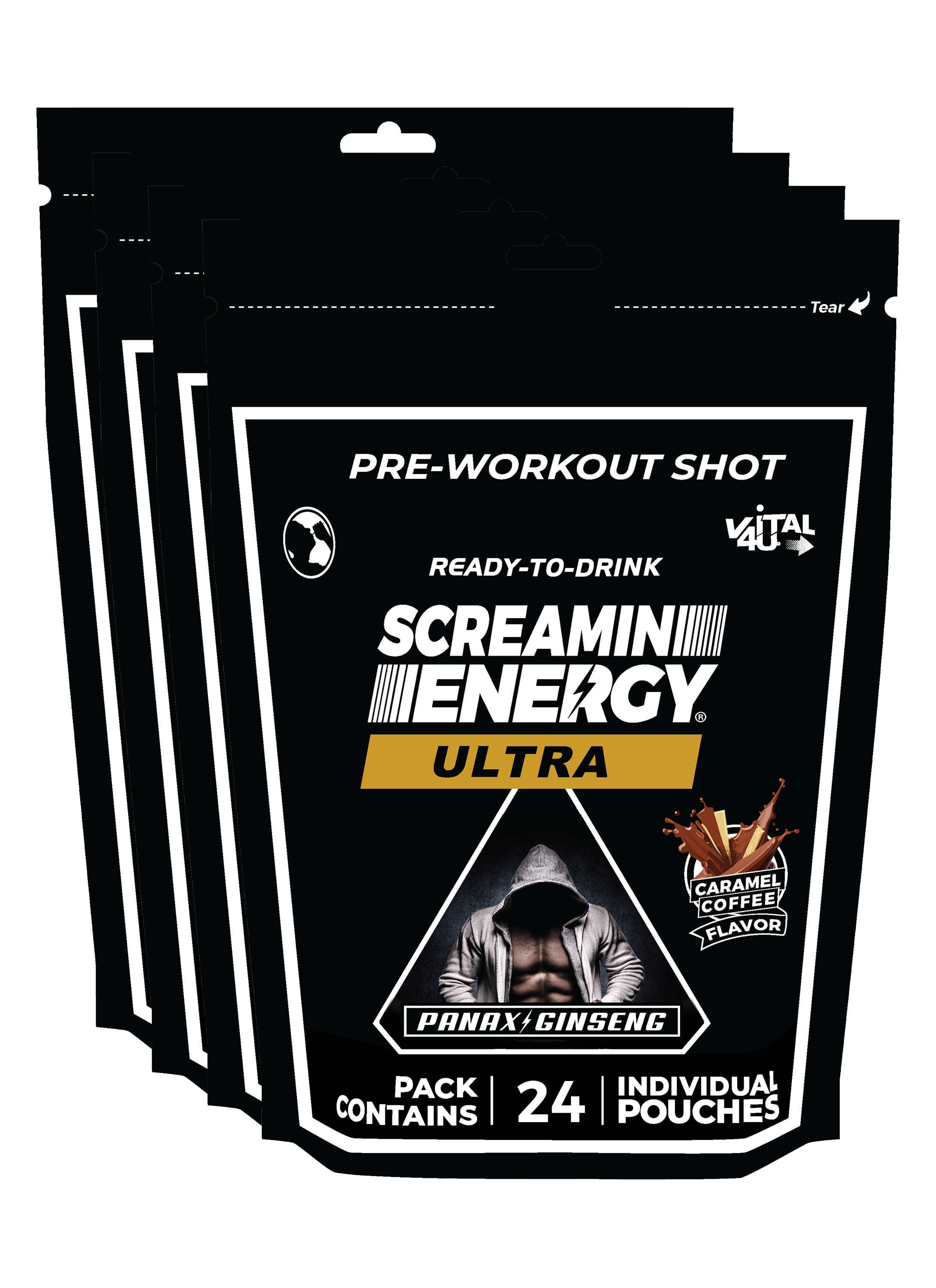 Four black bags containing 24 pouches each of Caramel Coffee Flavored pre-workout shots.