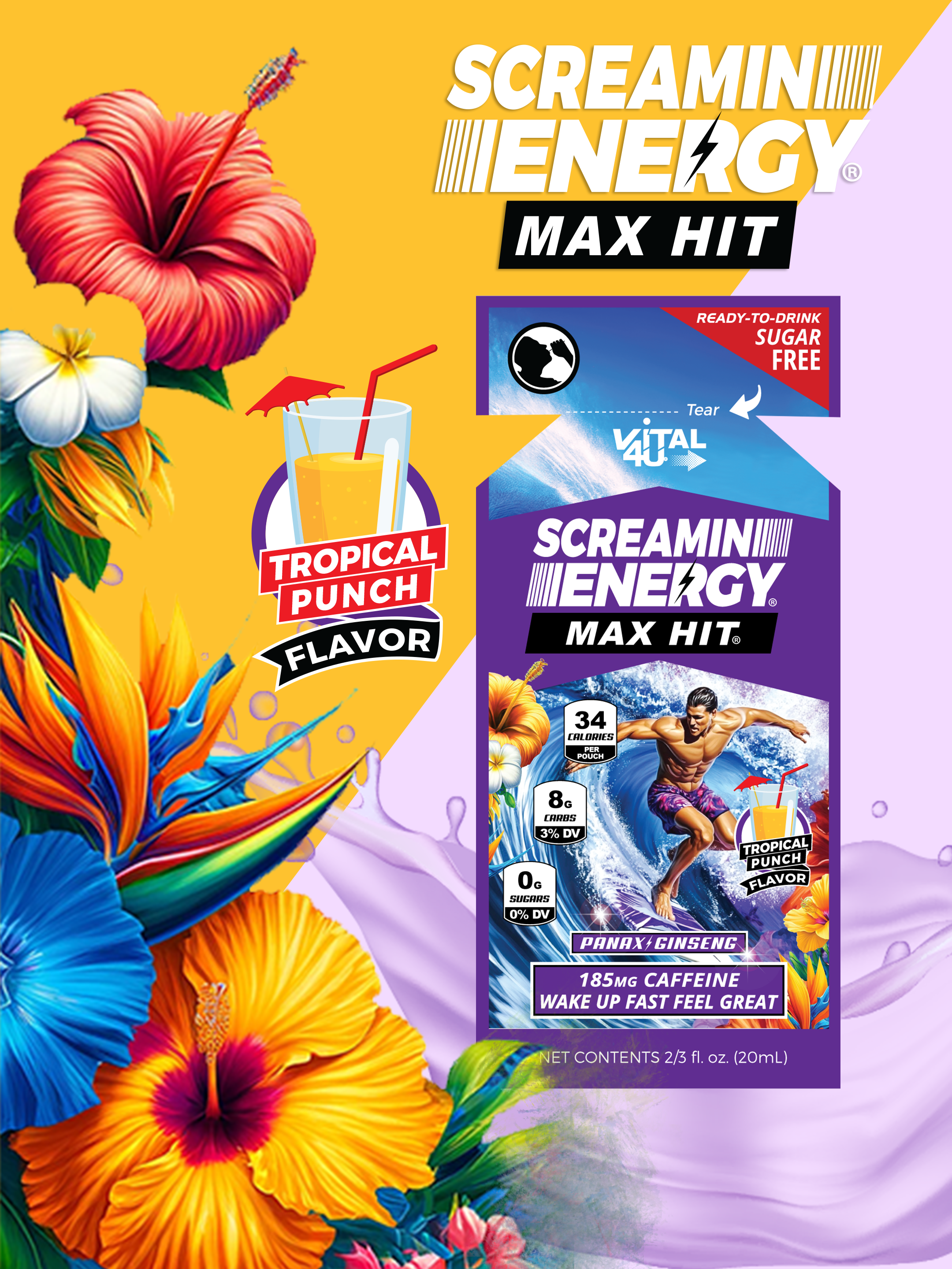 Screamin Energy Max Hit Tropical Punch energy shot pouch with a surfer on a purple and yellow background.