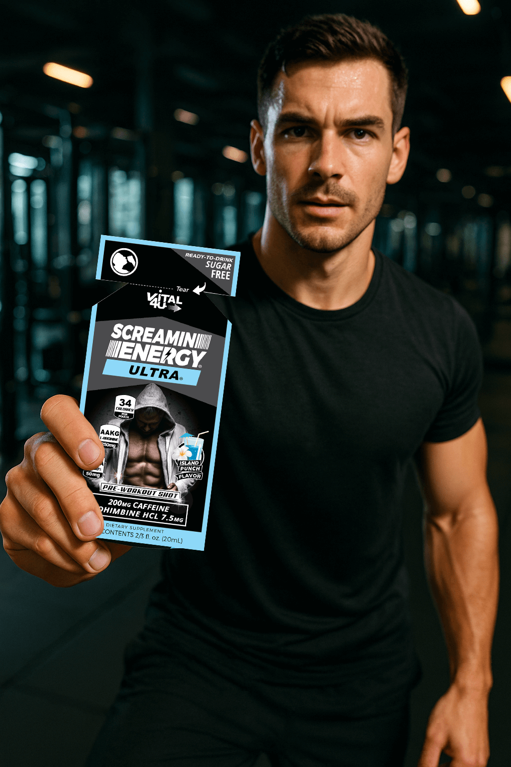 A man at the gym holding a Screamin Energy Ultra Island Punch Flavored pre-workout shot pouch.