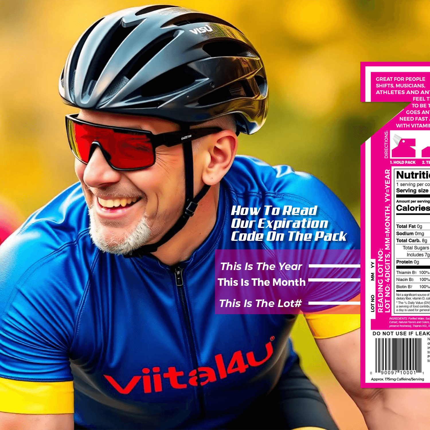 A man in cycling gear next to a Vital 4U Liquid Energy drink label explaining how to read its expiration date.