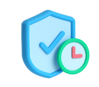 A 3D blue shield with a checkmark and green clock with red hands.