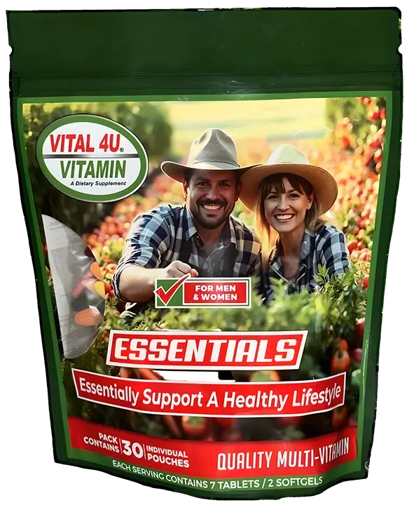 Vitamin Essentials package with a man and woman in a field and text that reads "Essentially Support a Healthy Lifestyle," and "For Men & Women."
