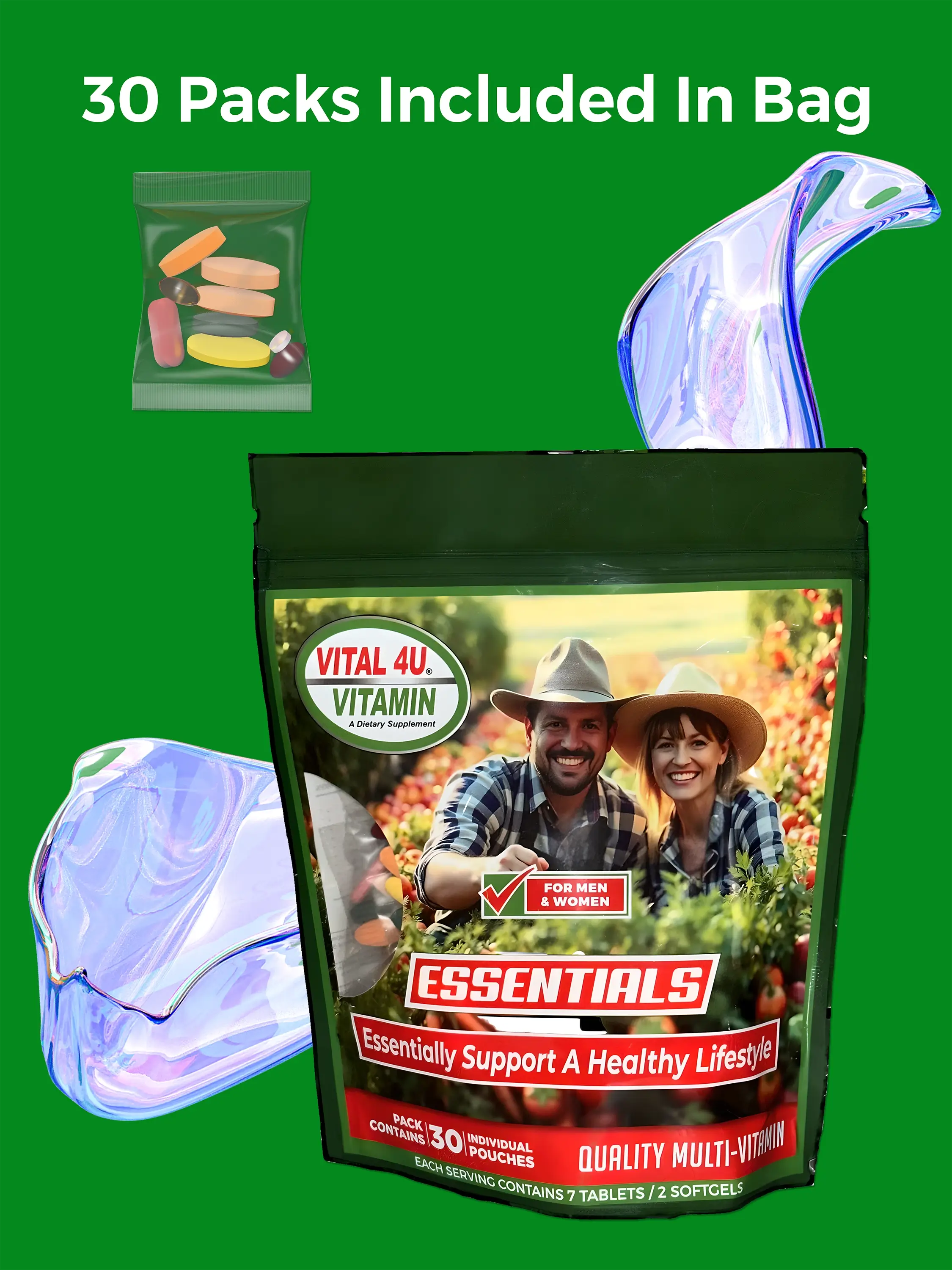Vital 4U Vitamin Essentials bag on a green background with a small supplement package.