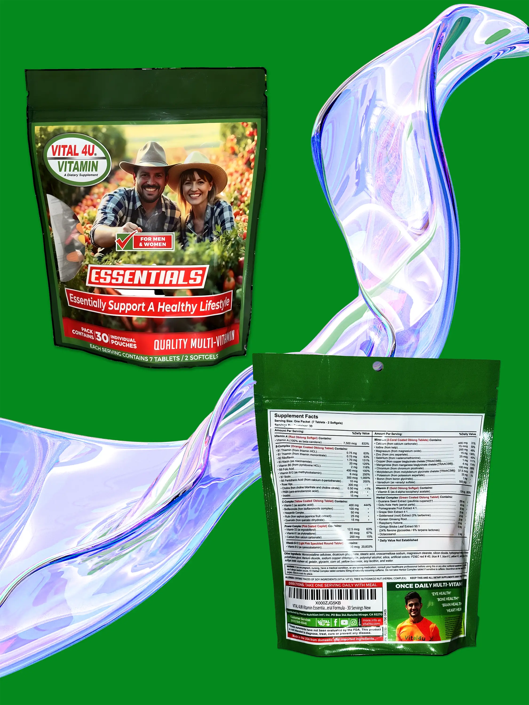 Vitamin Essentials packaging front, with man and woman, and back, with supplement facts, on a green background.