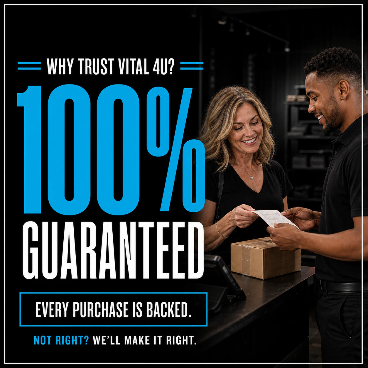 Every purchase from Vital 4U is backed by our 100% guarantee. If it is not right for you, just let us know and we will make it right. 