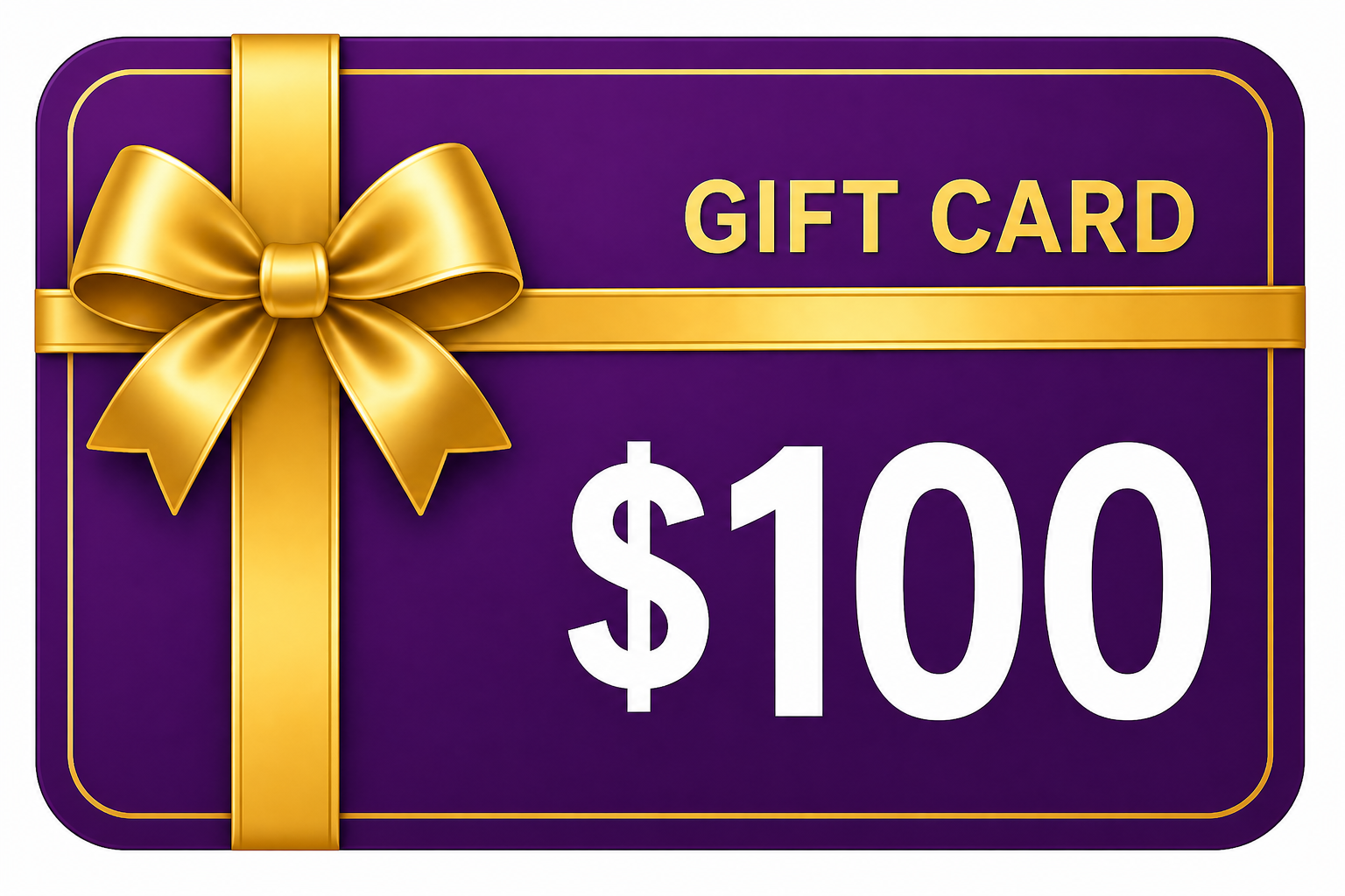 Purple gift card with a gold bow and $100 text on a white background