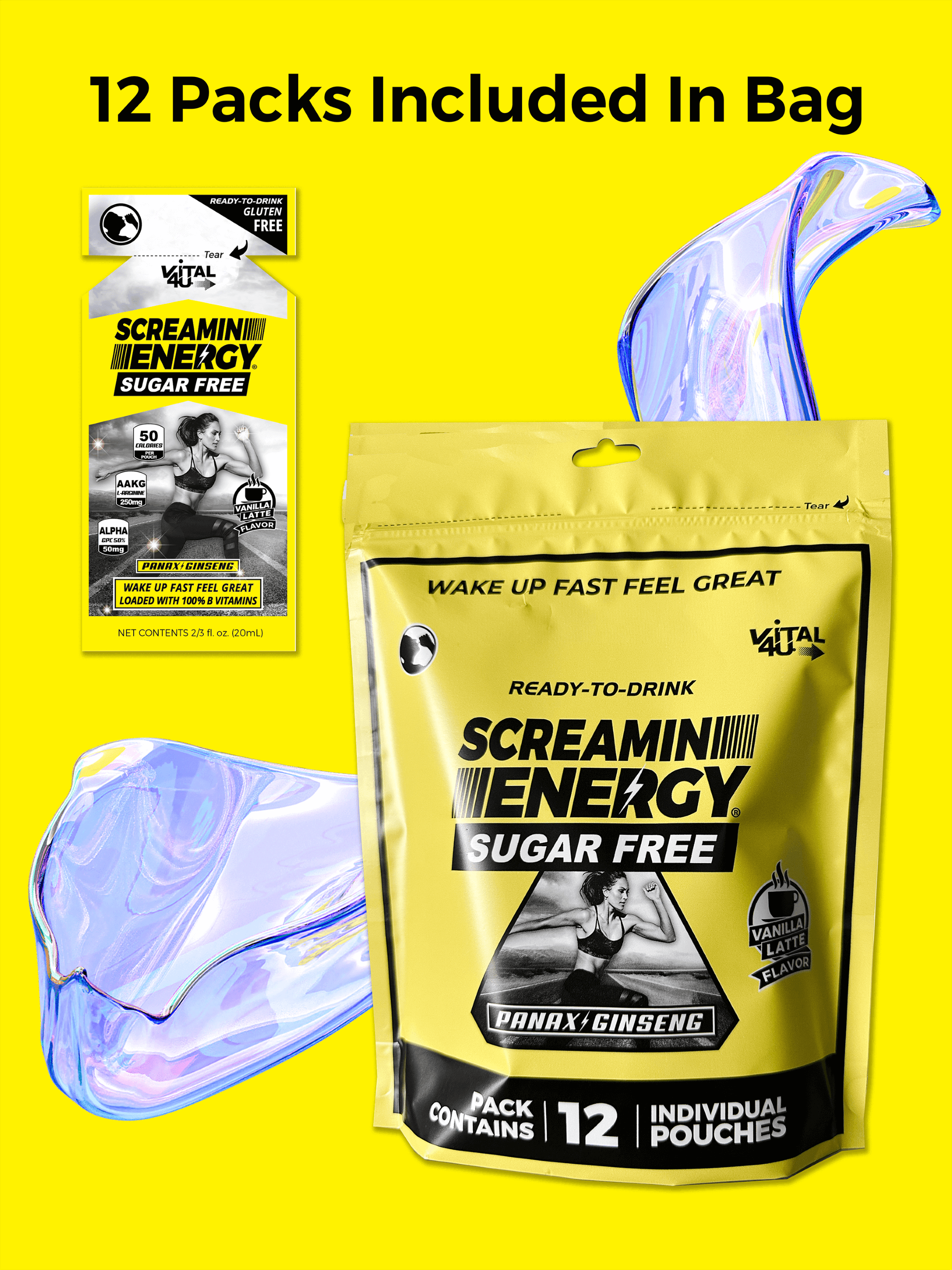 Screaming Energy Sugar Free Vanilla Latte flavored energy shot pouch displayed next to its full packaging.