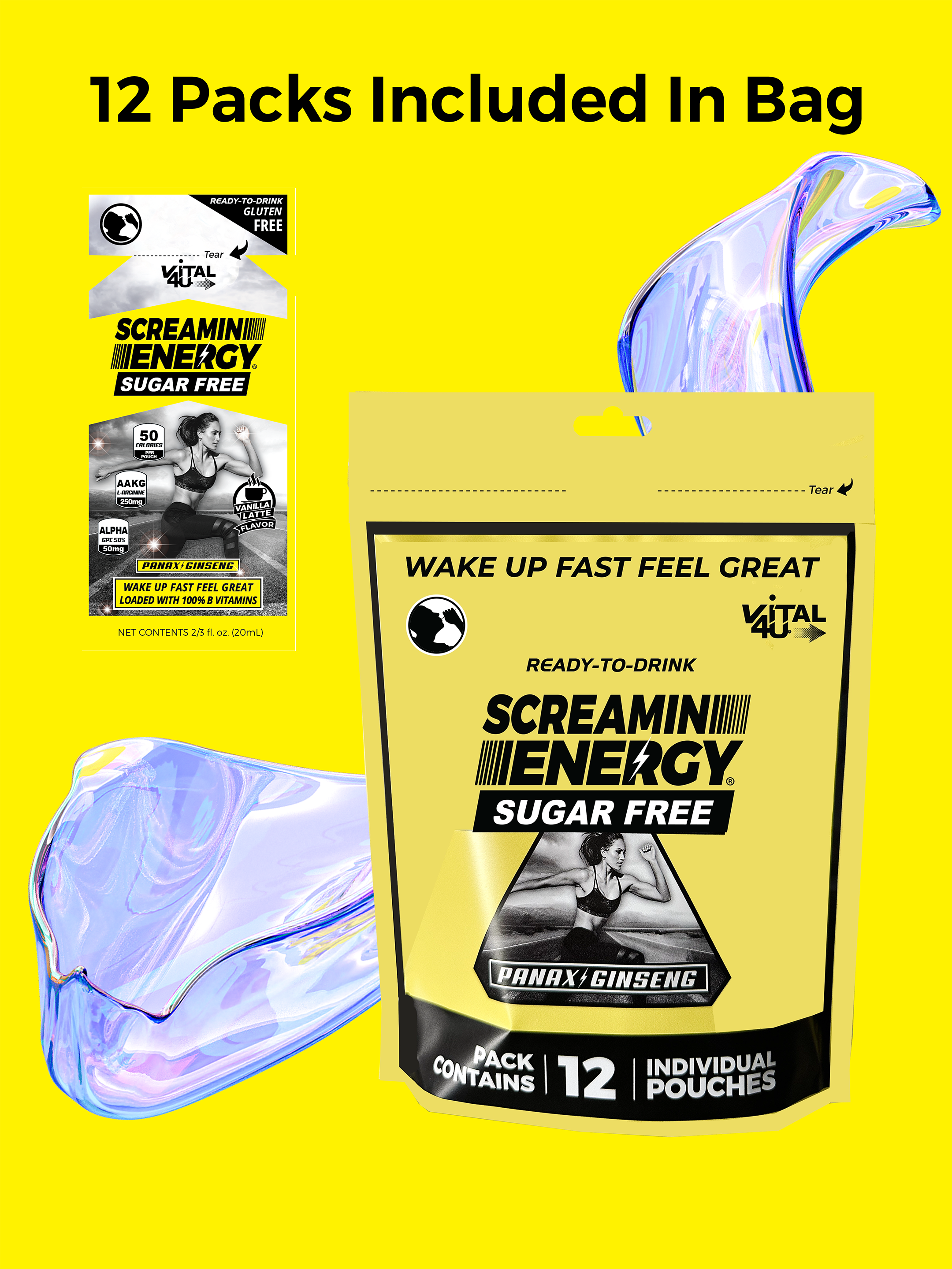 Screamin Energy Sugar Free energy shot package with 12 pouches included, on a yellow background.