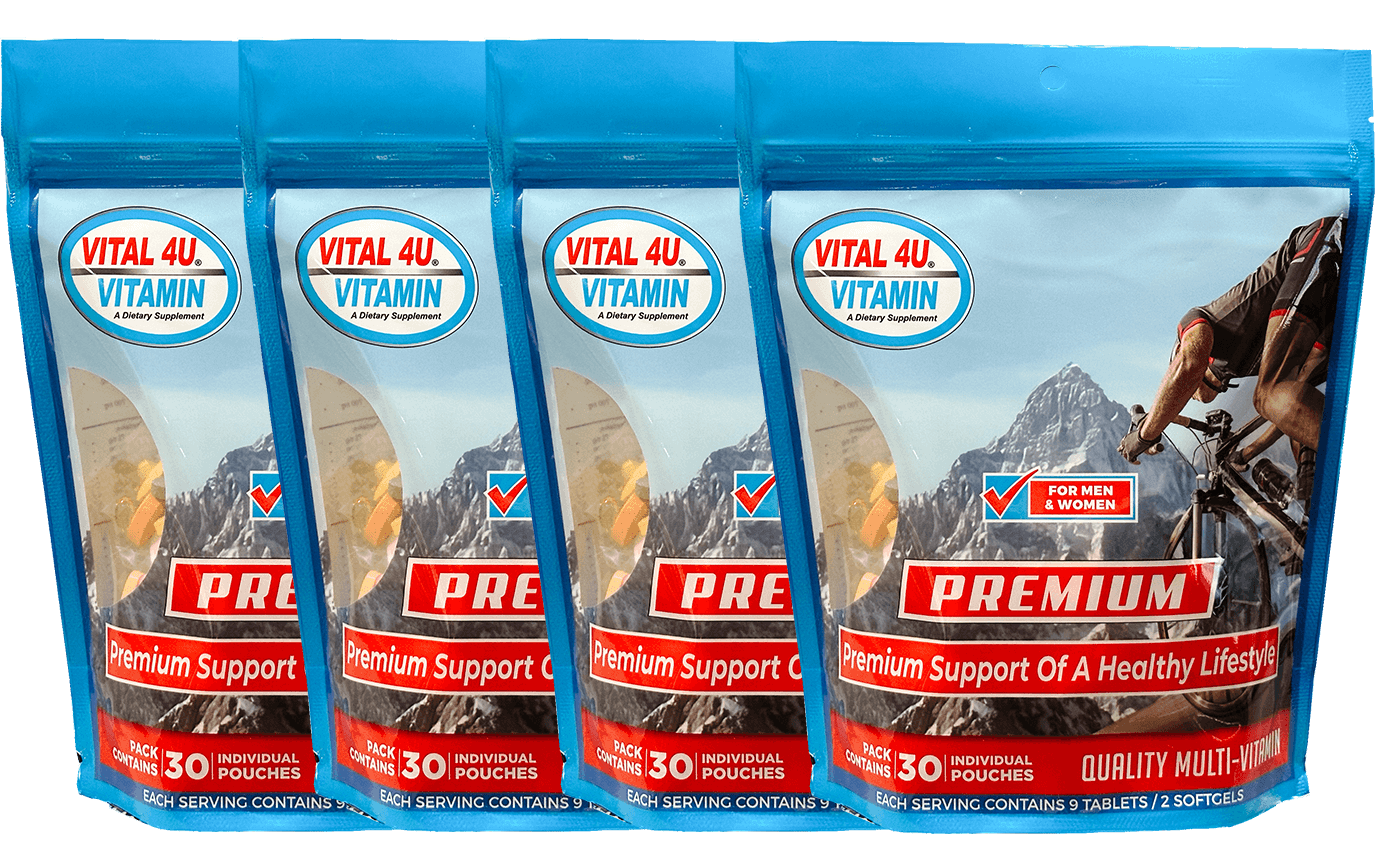 Four packages of Vital 4U Premium Vitamins with a mountain and cyclist design.