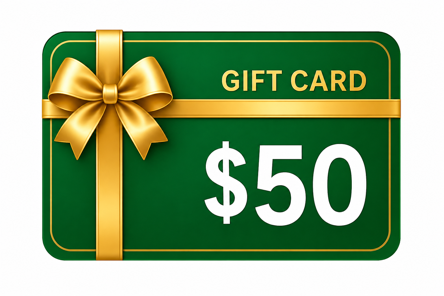 Green gift card with a gold bow and $50 denomination on a white background