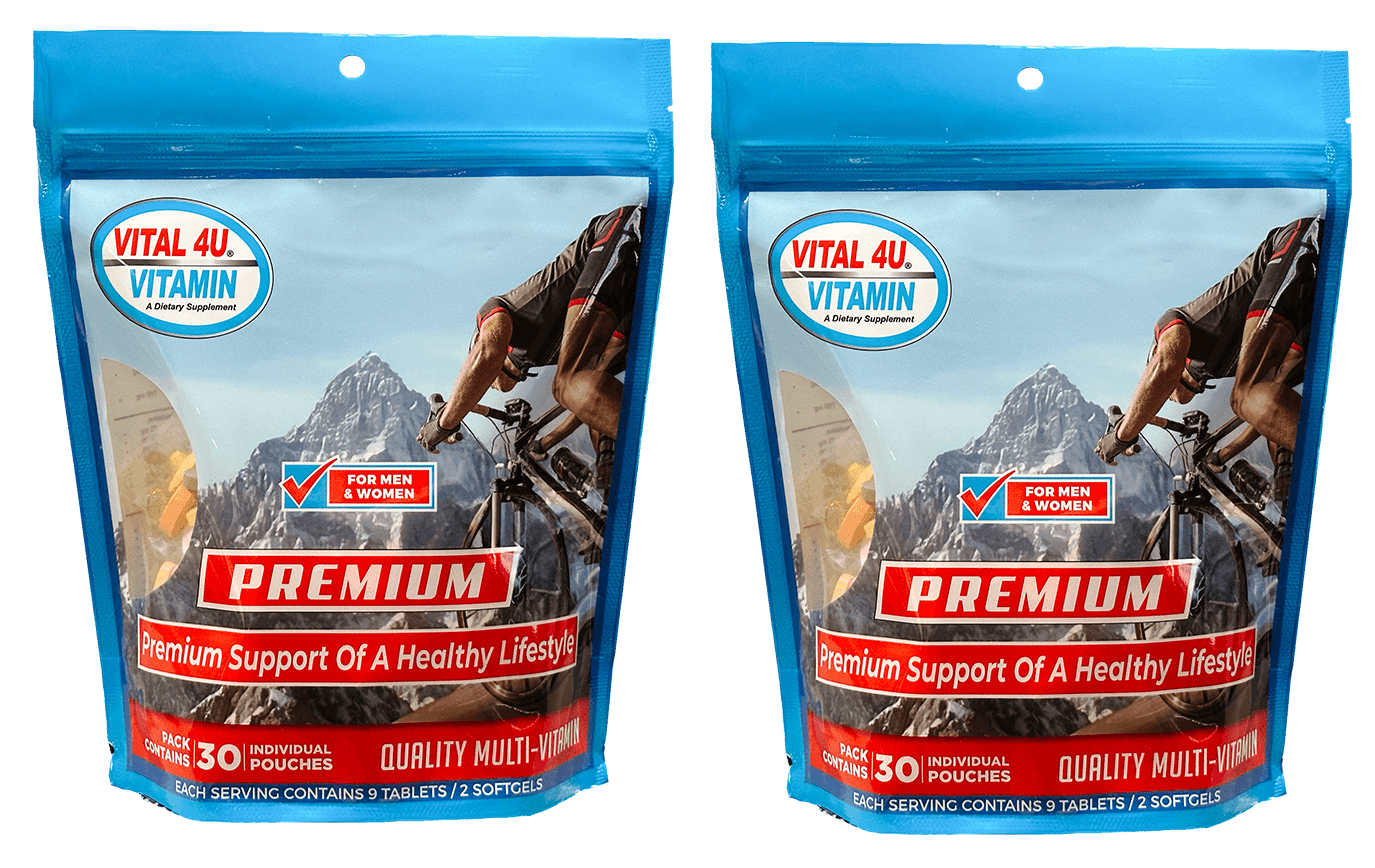 Two packages of Vital 4U Vitamin premium supplements with mountain and person on mountain bike graphic.