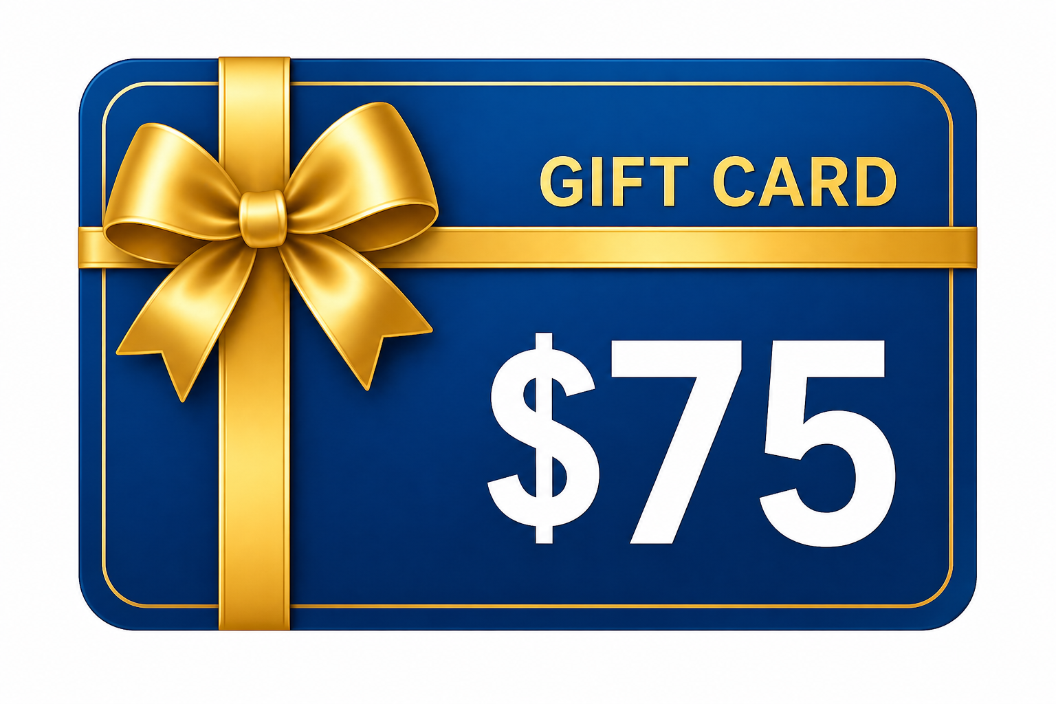 Gift card with a gold bow and $75 amount on a blue background