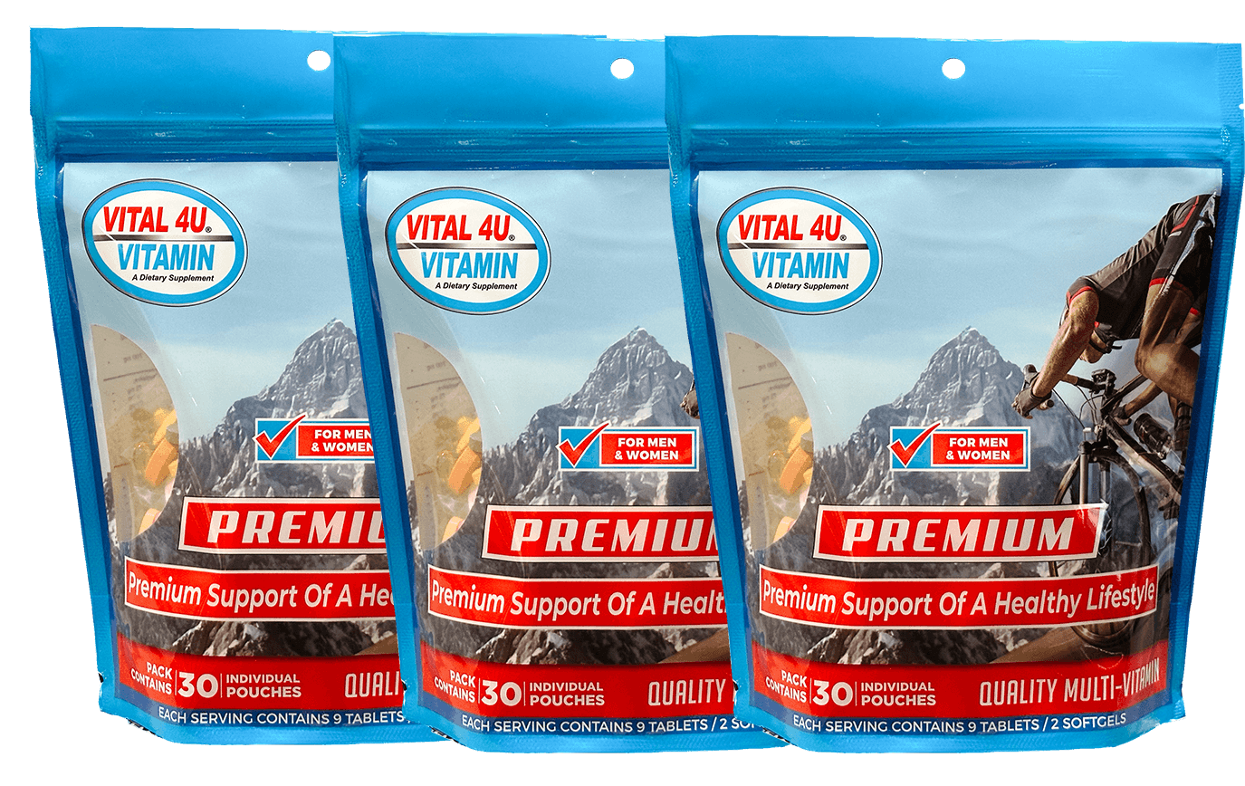 Three packages of Vital 4U Premium Vitamins.