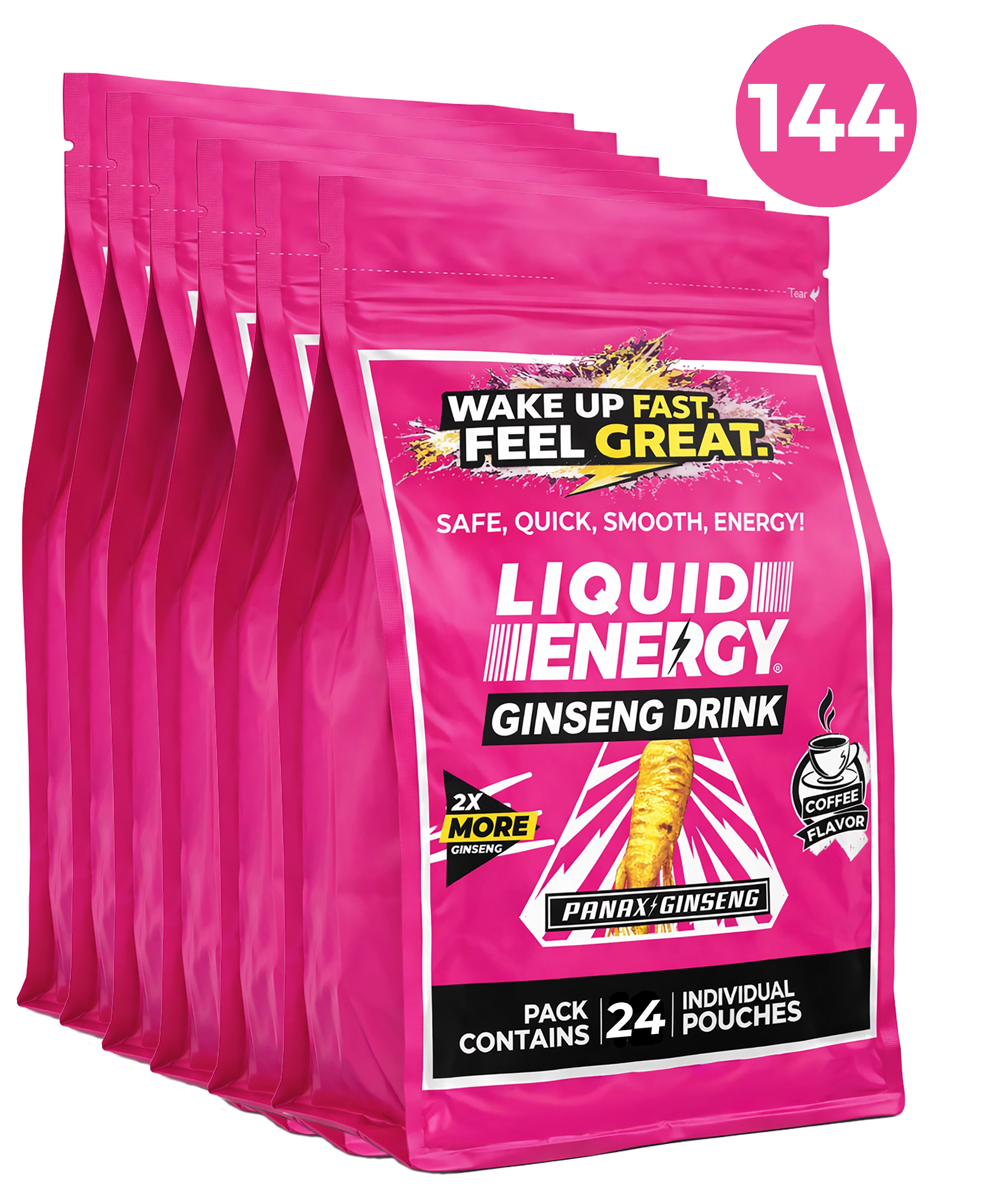 Pink packages of Liquid Energy Ginseng Drink with a label on a white background