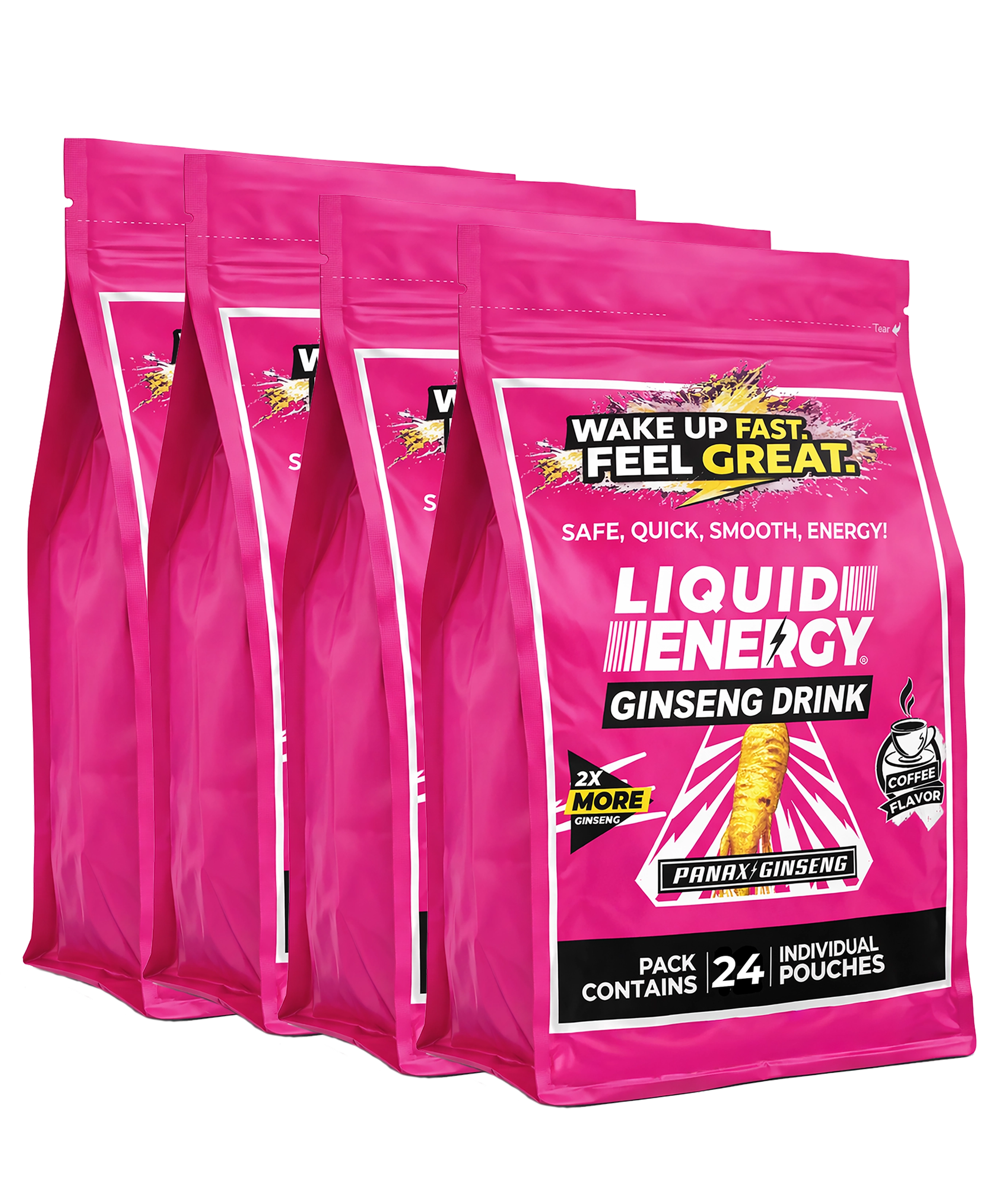 Pink packets of Liquid Energy Ginseng Drink on a white background