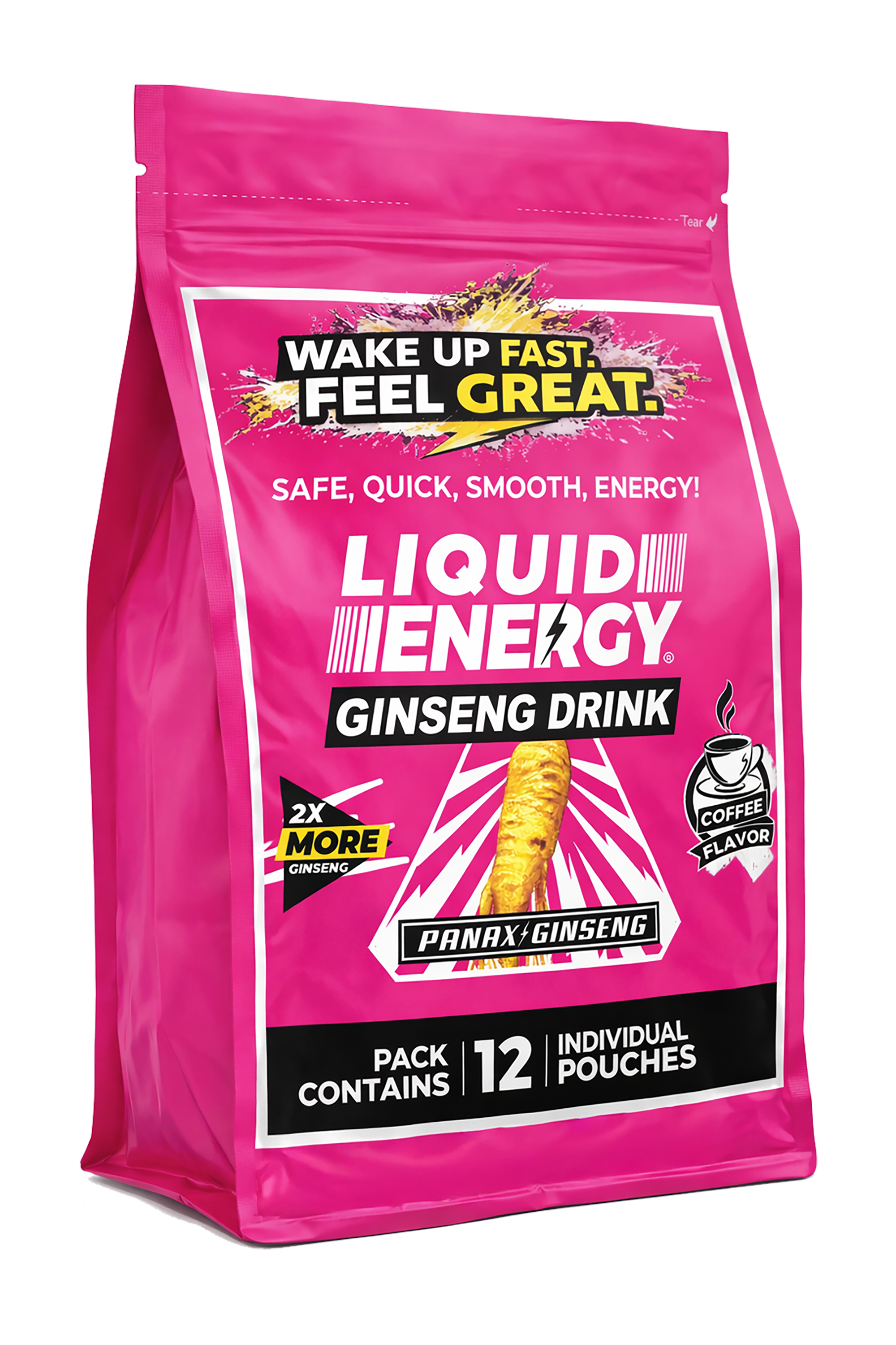 Pink package of Liquid Energy Ginseng Drink with text on a white background