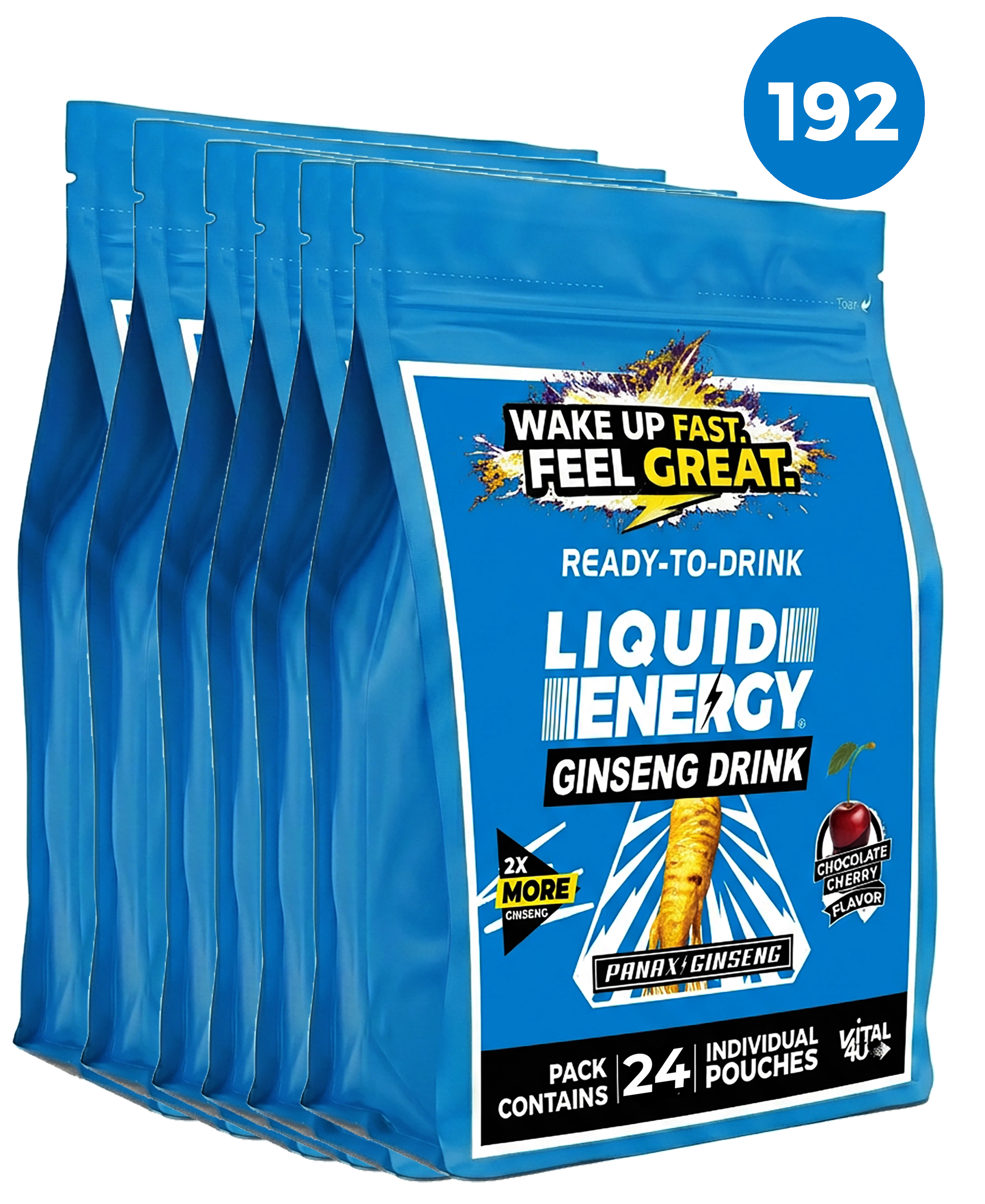 Multiple packages of Liquid Energy Ginseng Drink with a blue label on a white background.