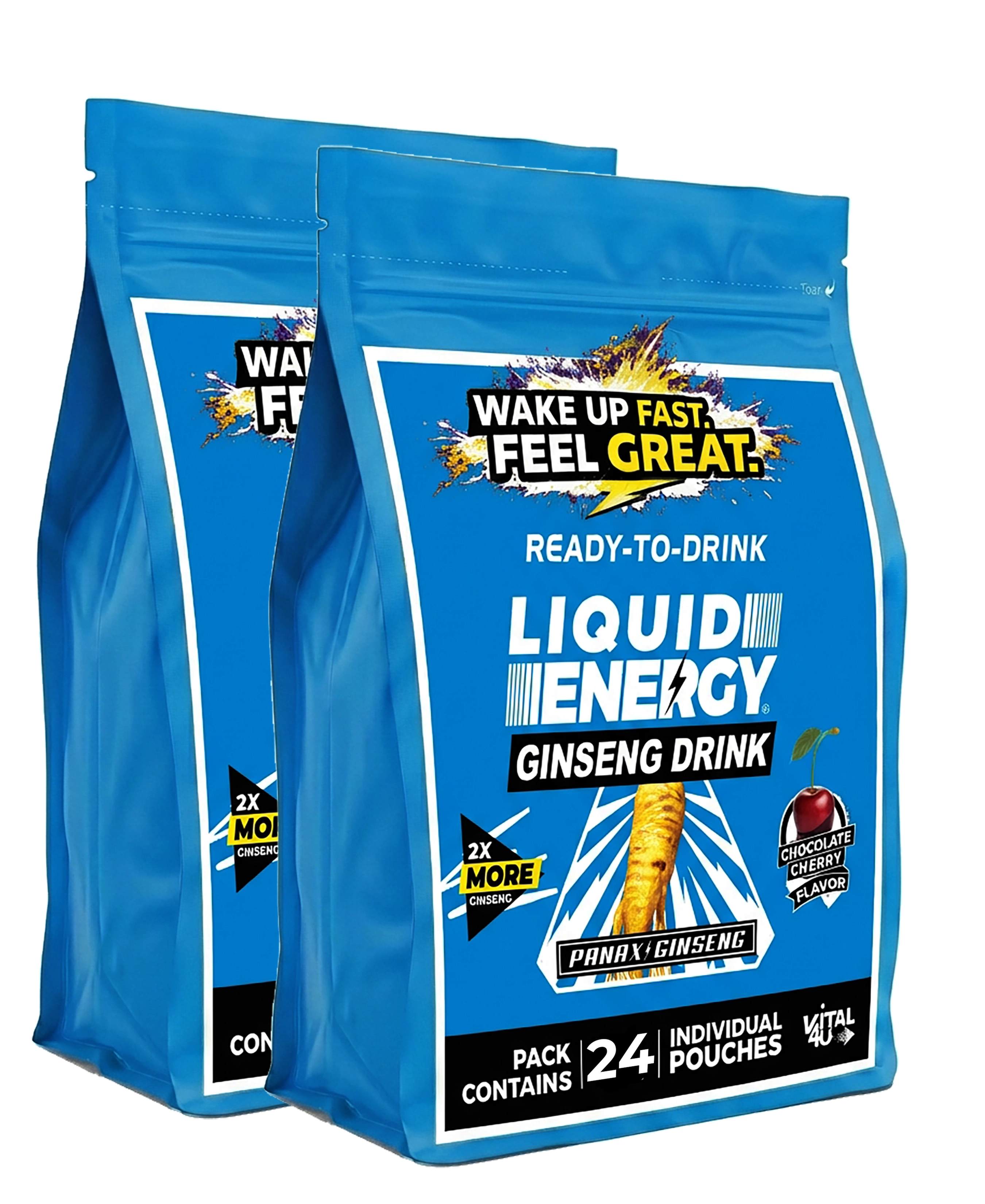 Two packages of Liquid Energy Ginseng Drink on a white background