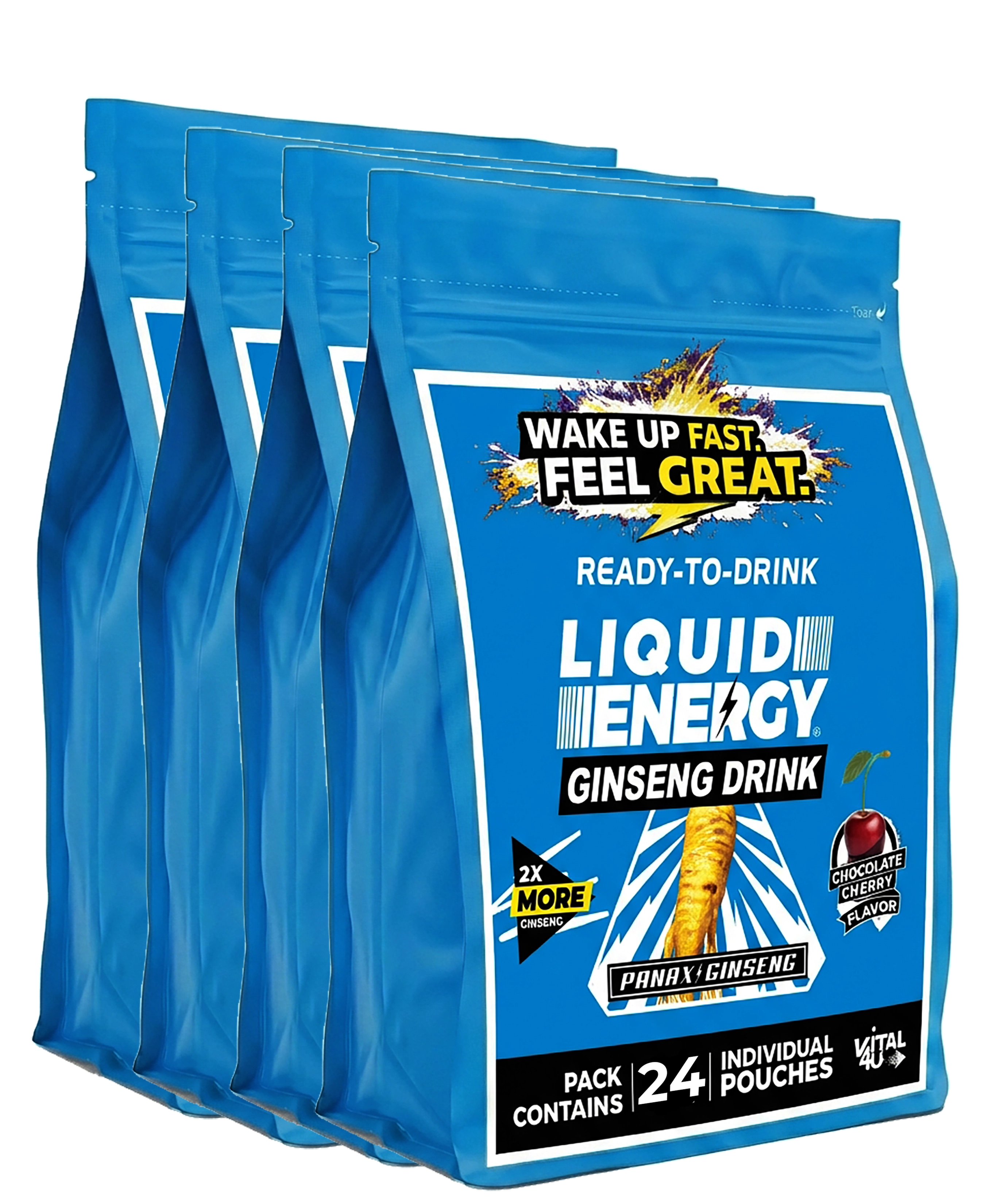 Blue packages of Panax Ginseng liquid energy drink with text on a white background