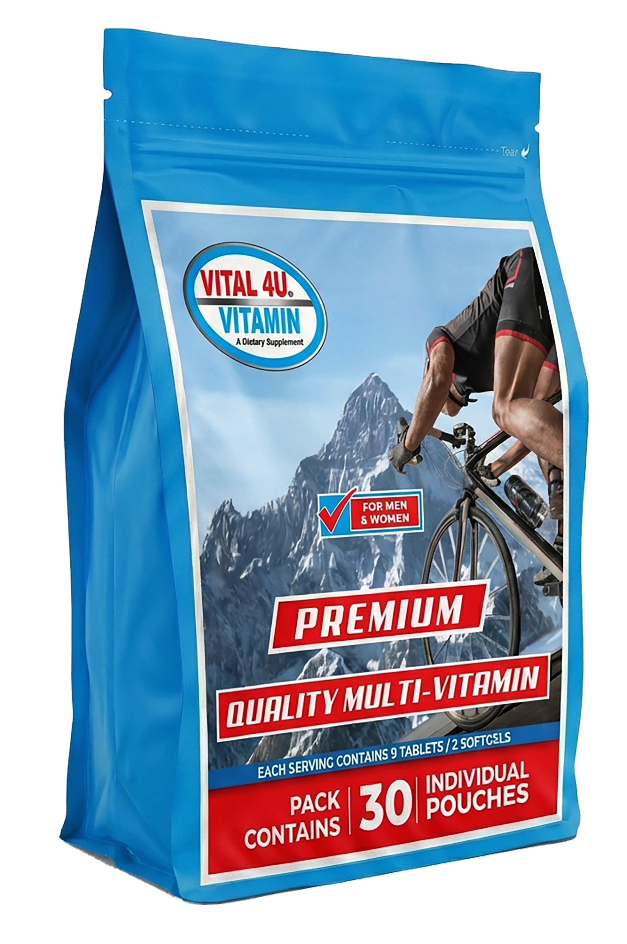 Vital 4U Vitamin package with mountain and cyclist design on a blue background