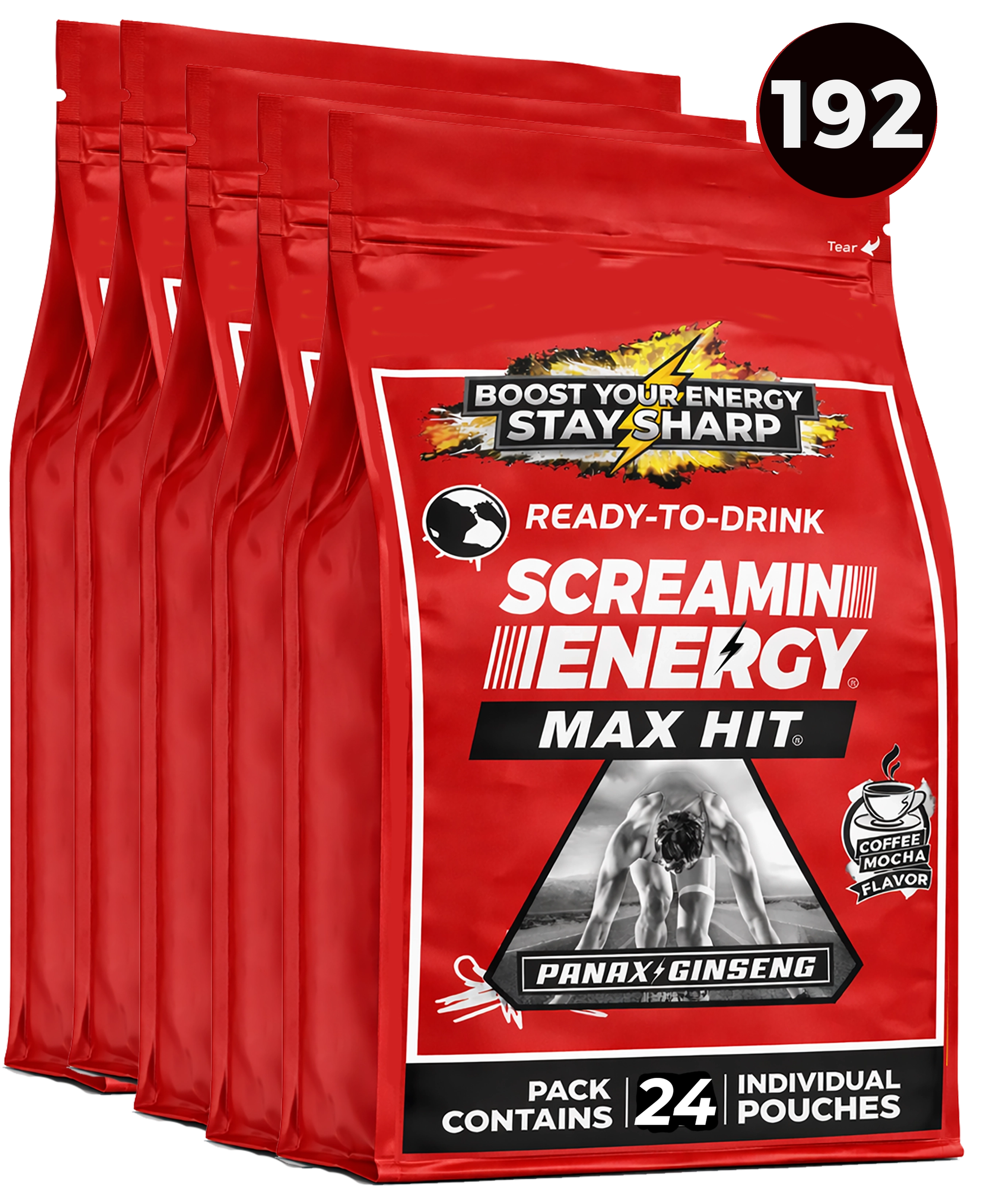 Red package of Screamin' Energy Max Hit energy drink mix with branding and product details.