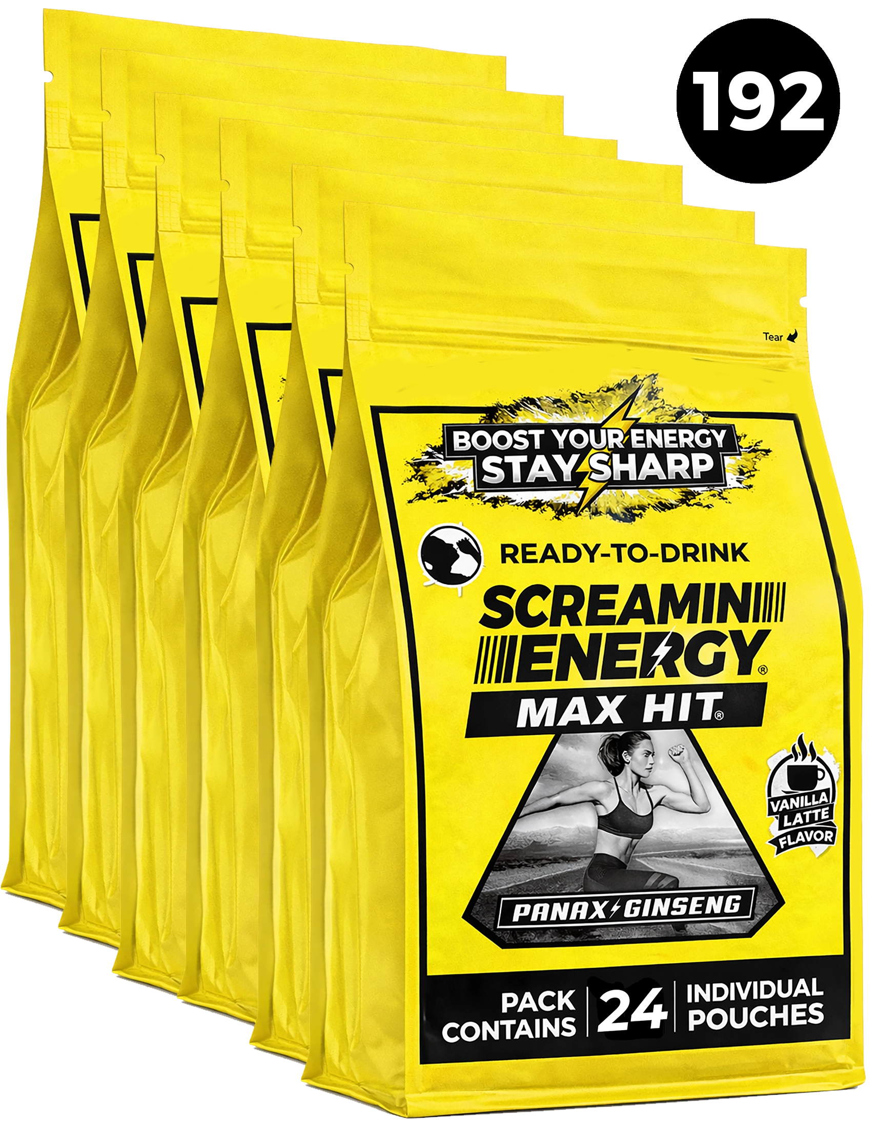 Packaging of Screamin Energy Max Hit energy drink mix with yellow and black design.