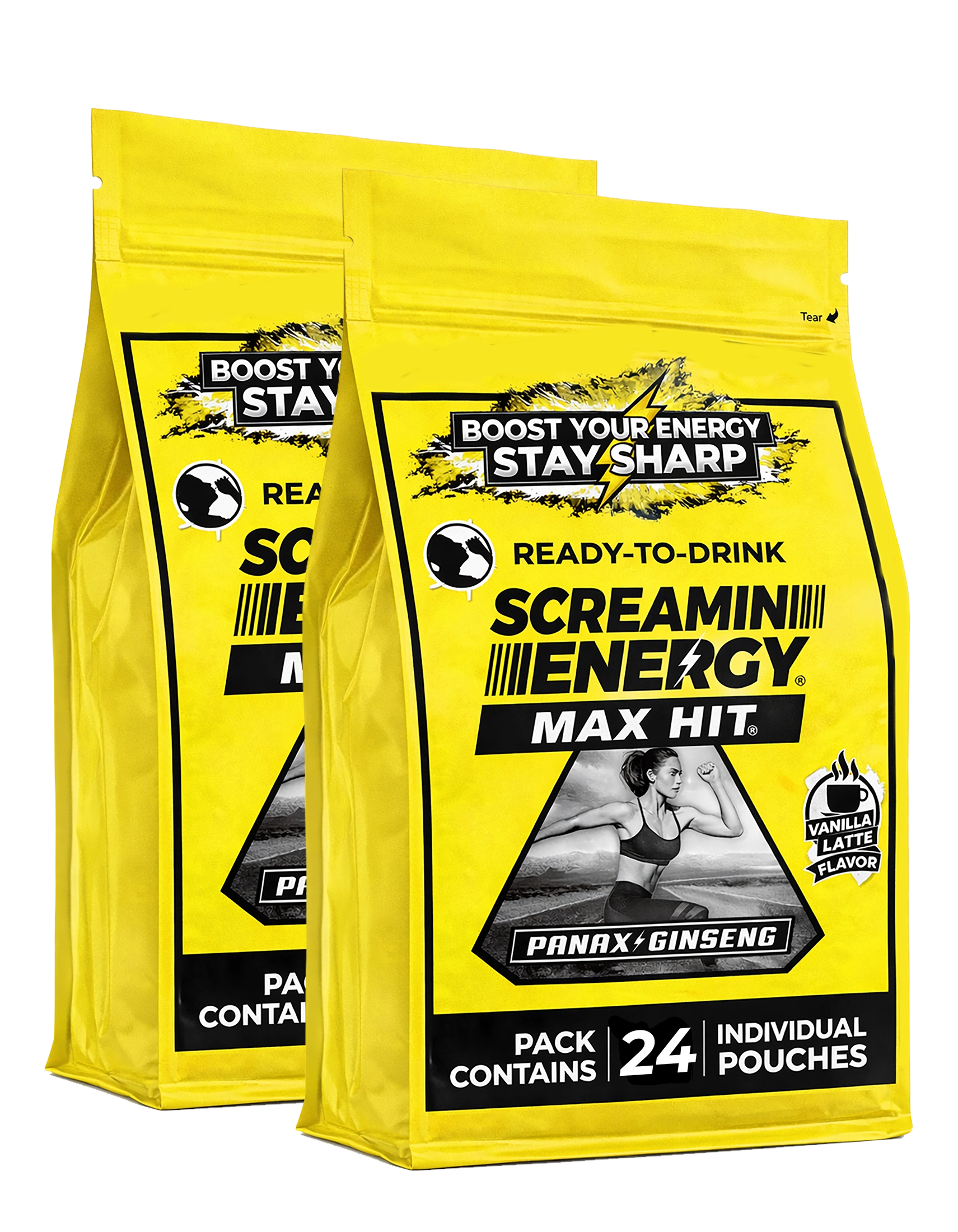 Two packages of Screamin' Energy Max Hit drink mix on a white background