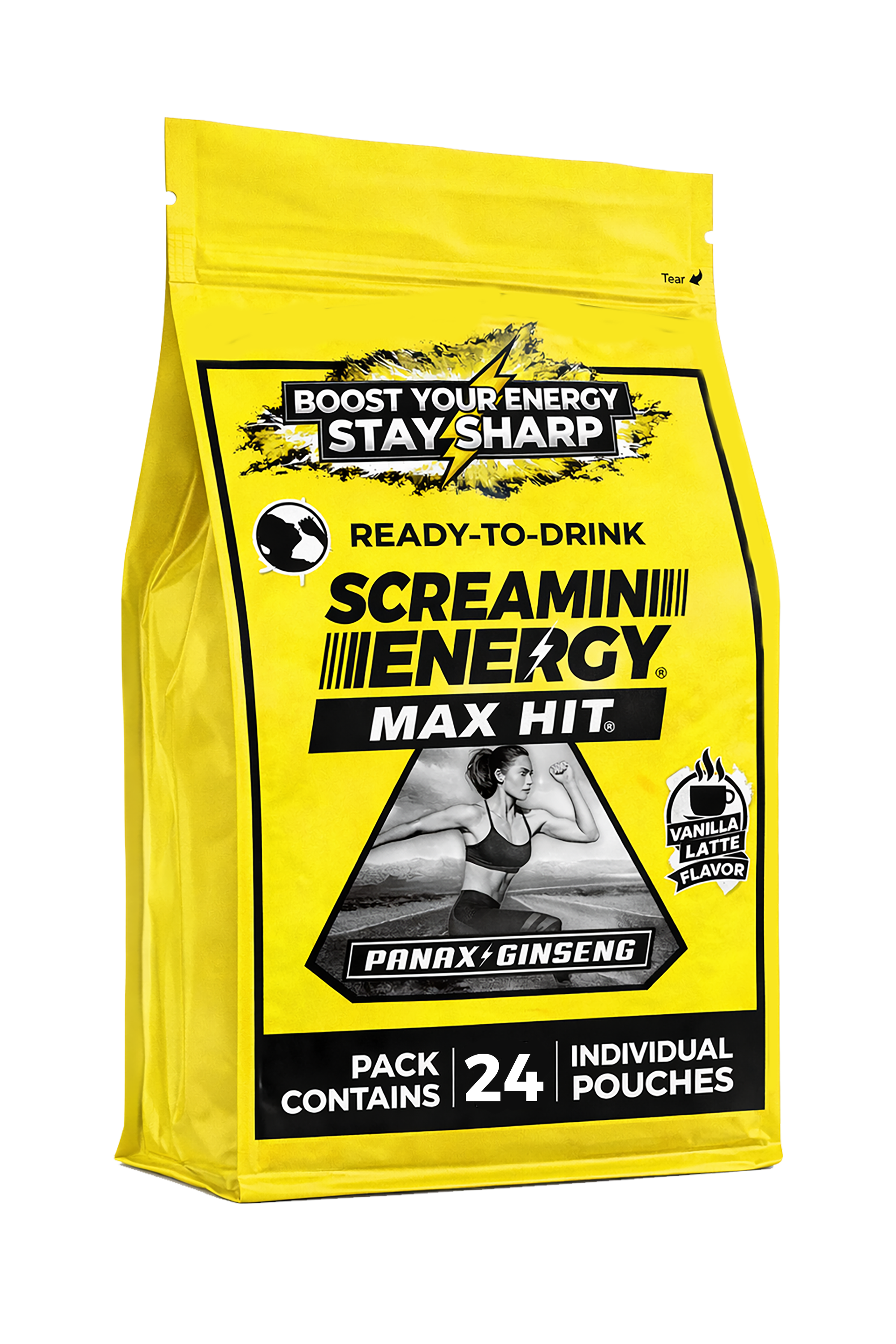 Yellow package of Screamin' Energy Max Hit energy drink mix on a white background