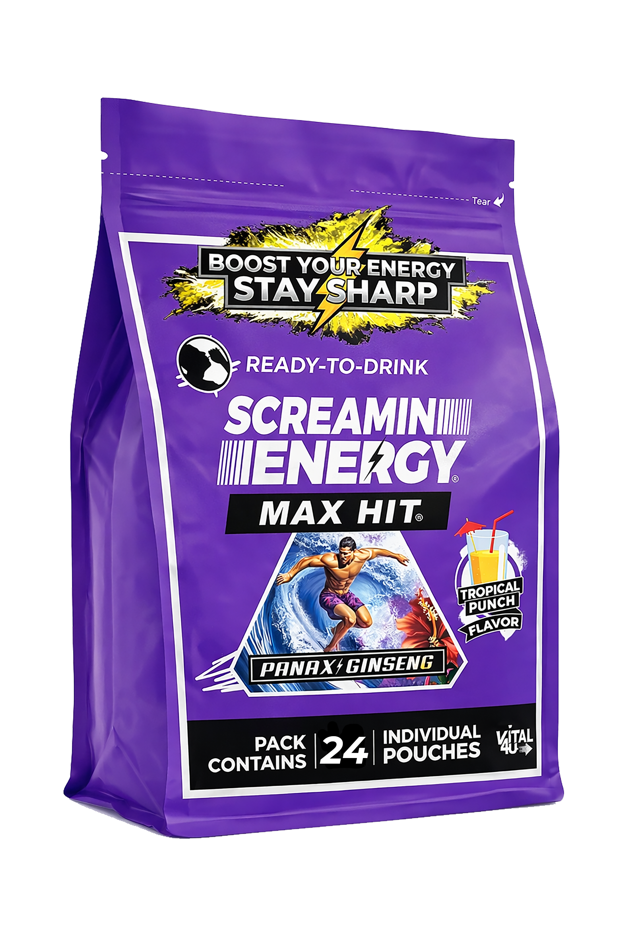 Purple package of Screamin' Energy Max Hit energy drink mix on a white background