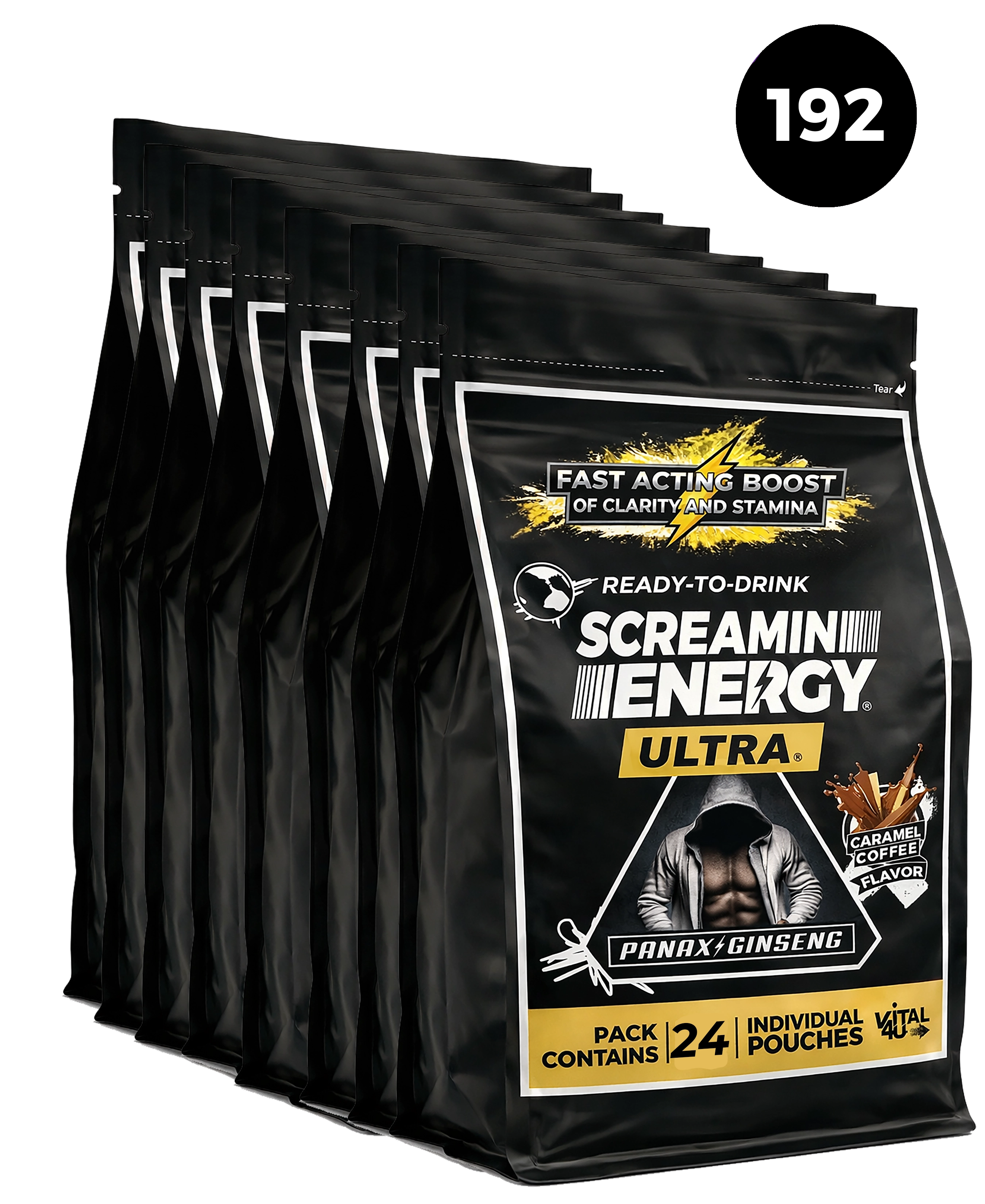 Packaging of Screaming Energy Ultra energy drink mix with 24 individual pouches on a white background.