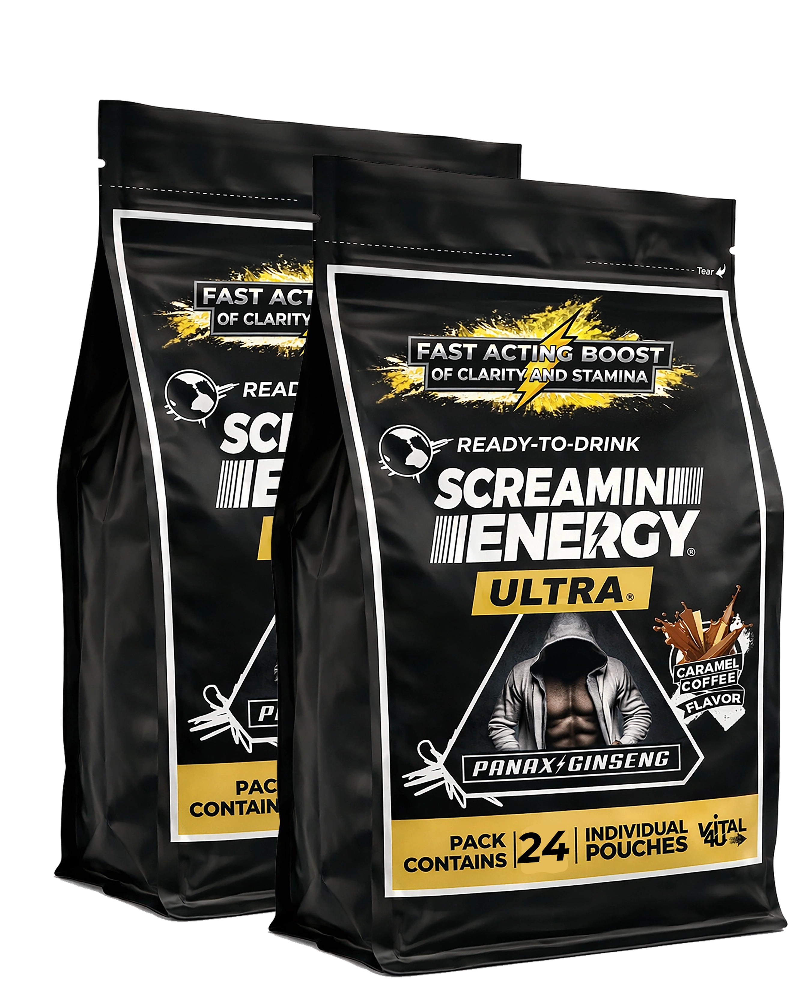Two packages of Screamin' Energy Ultra drink mix on a white background
