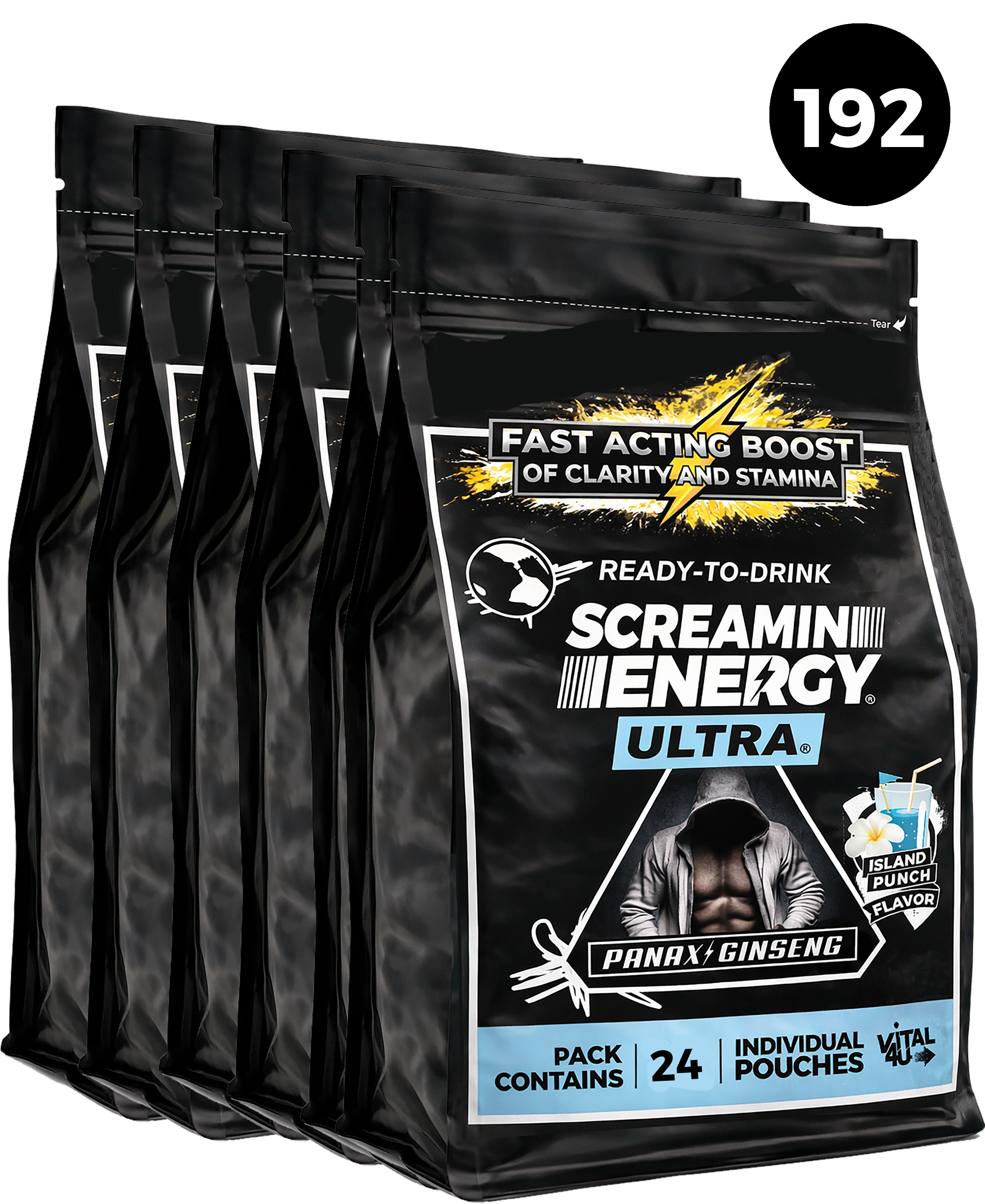 Multiple packages of Screamin' Energy Ultra energy drink mix on a white background