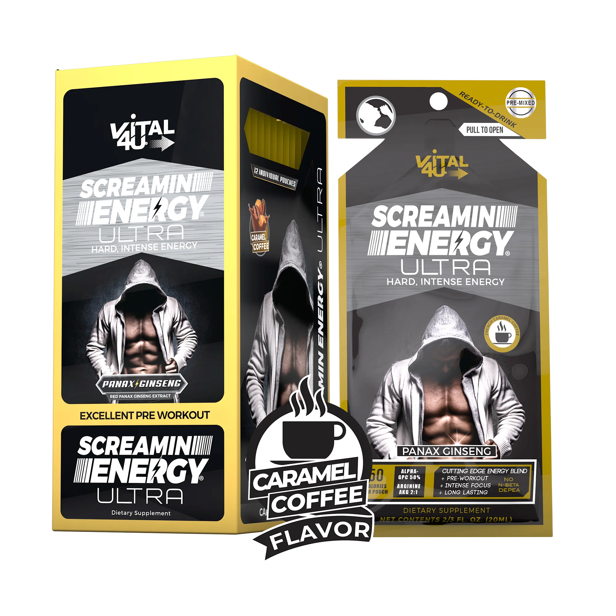 Screamin Energy Ultra Caramel Coffee Flavor Preworkout Box and Pouch 12ct