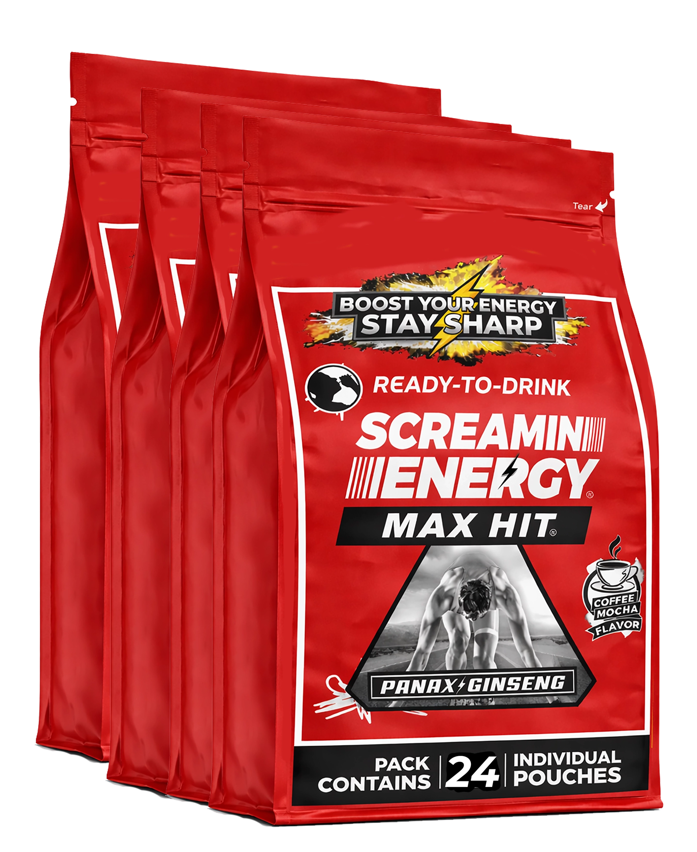 Three red packages of Screamin Energy Max Hit on a white background