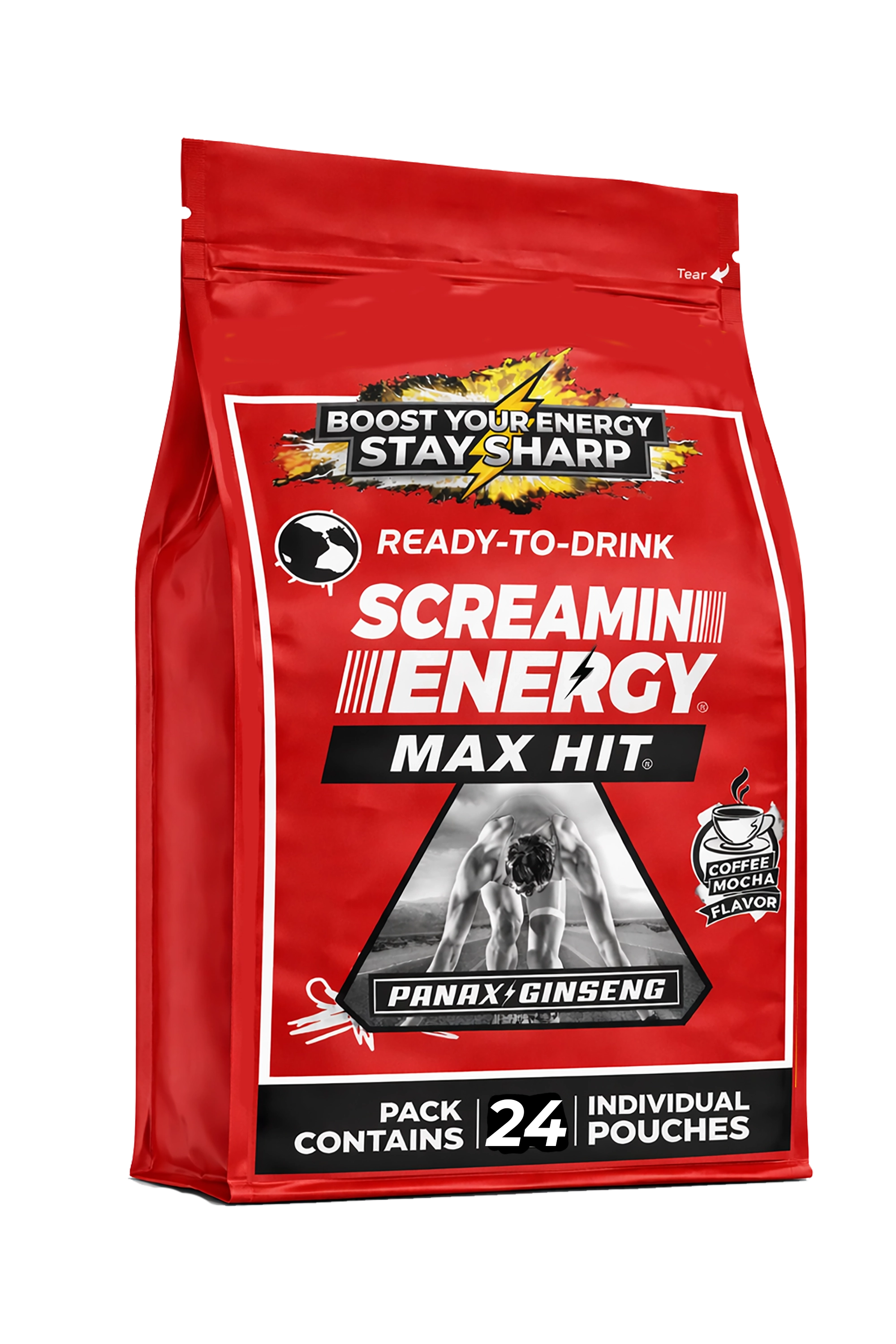 "Screamin Energy Max Hit Coffee Mocha energy shot pouch front 24 count listing image"
