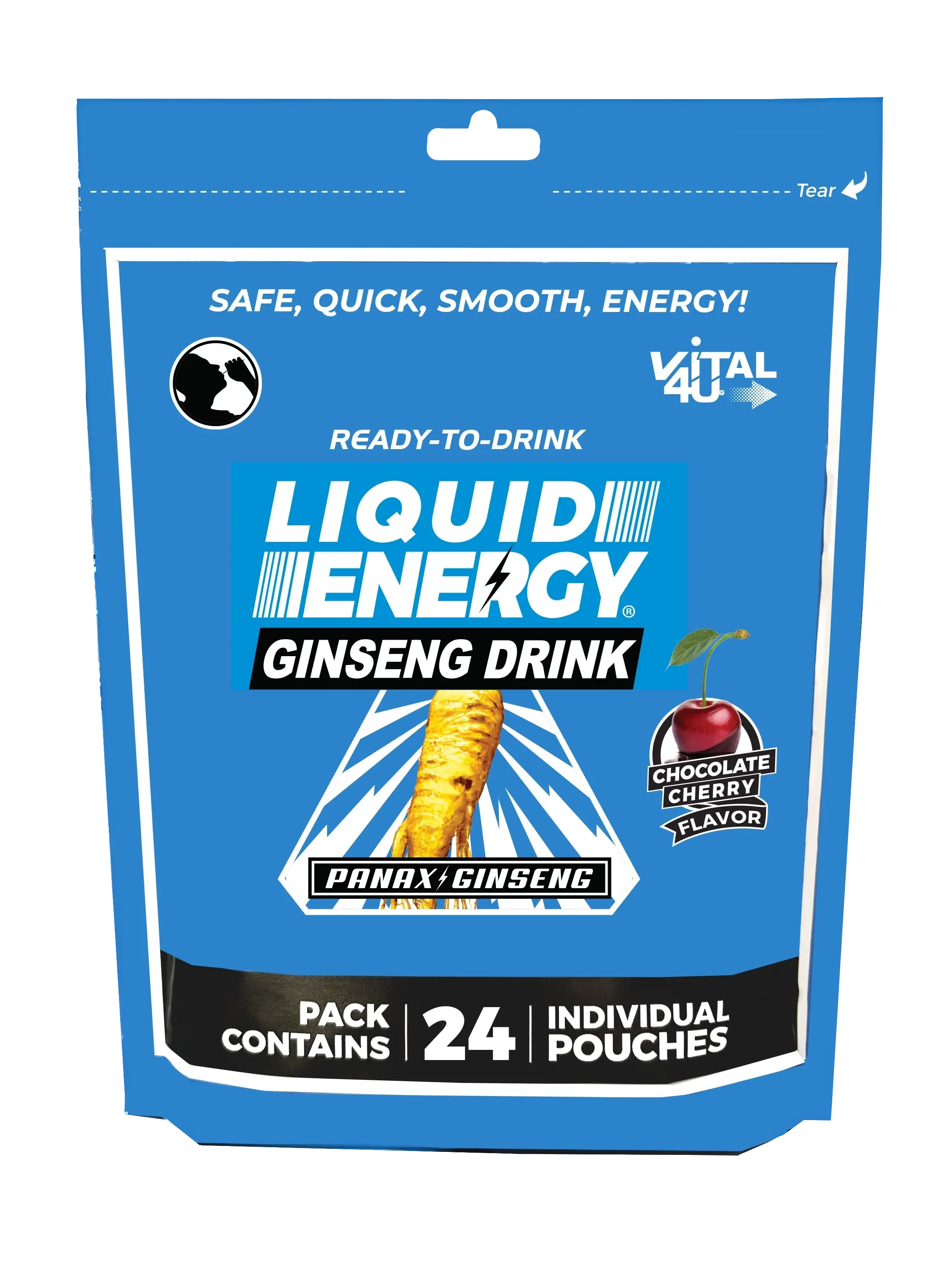Blue bag containing 24 pouches of Vital 4U chocolate cherry flavored Liquid Energy ginseng energy shots.
