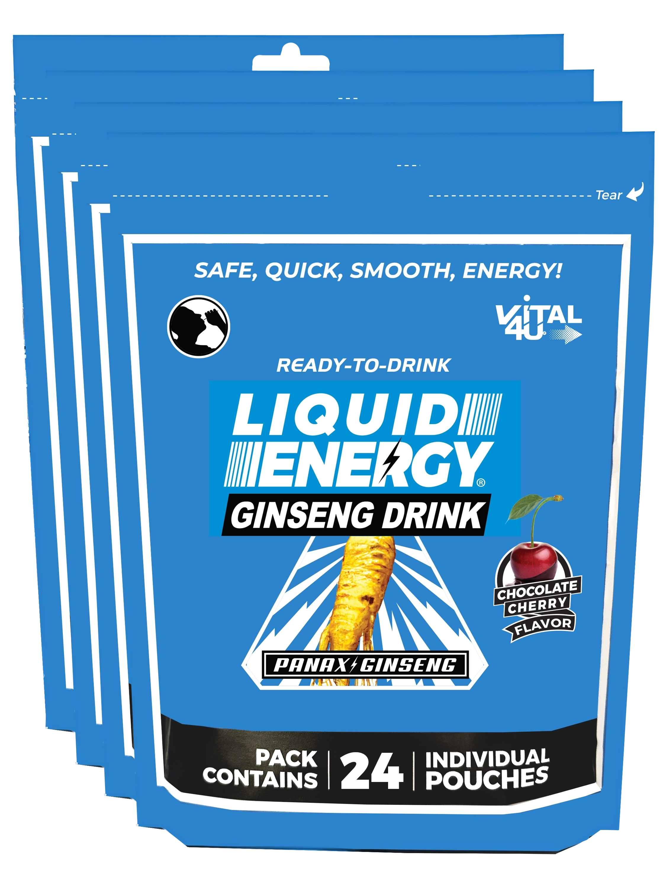 Four blue bags containing 24 pouches each of Vital 4U chocolate cherry flavored Liquid Energy shots.