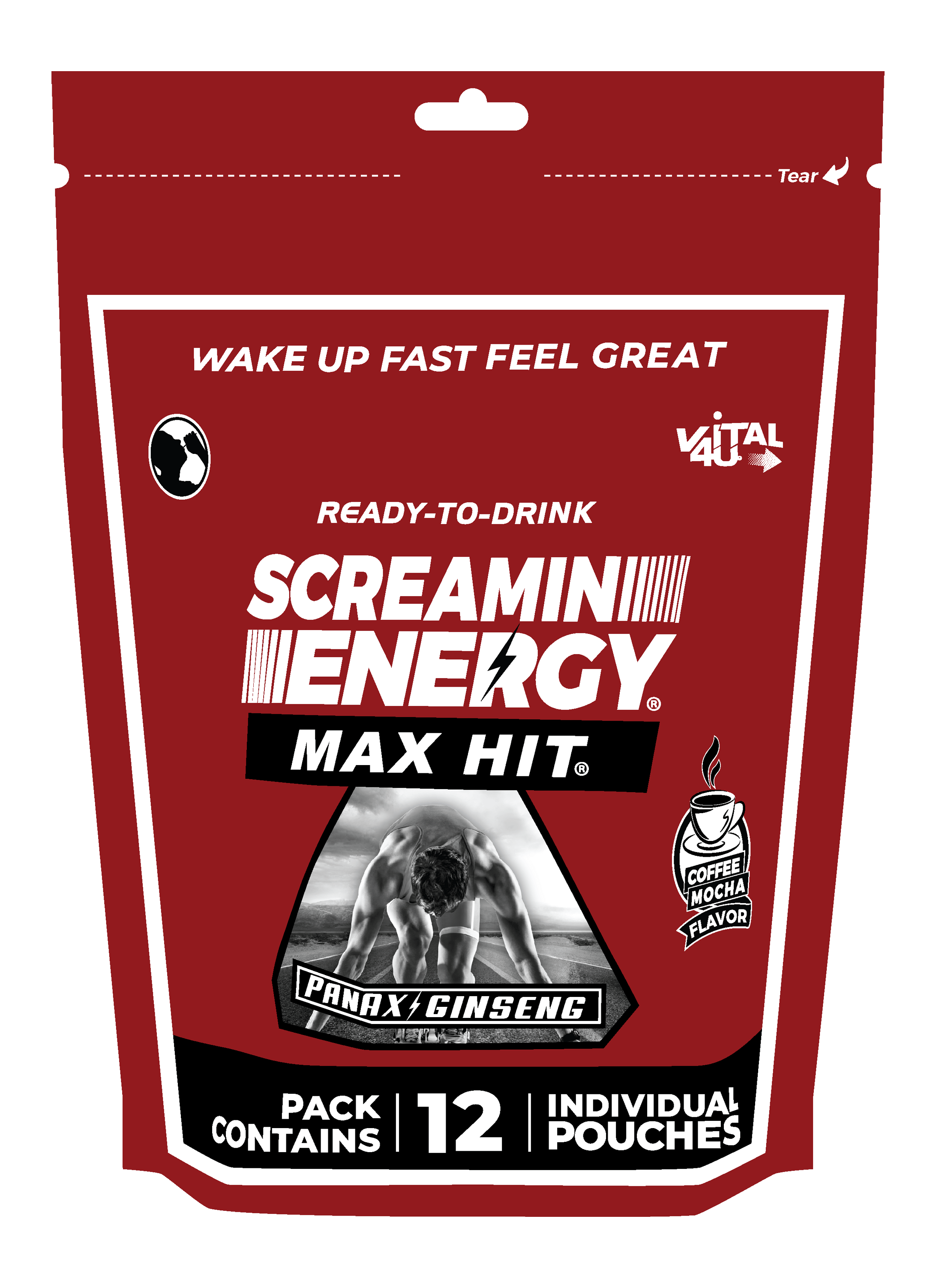 A red bag containing 12 pouches of Vital 4U Screamin Energy Max Hit mocha flavored ginseng energy shots.