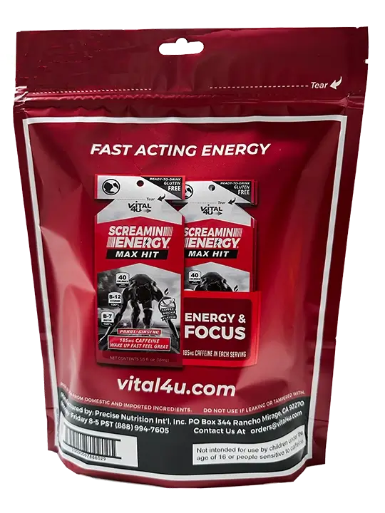 The back of the red package containing 12 pouches of coffee flavored energy shots, showcasing what the design of the individual energy pouches.