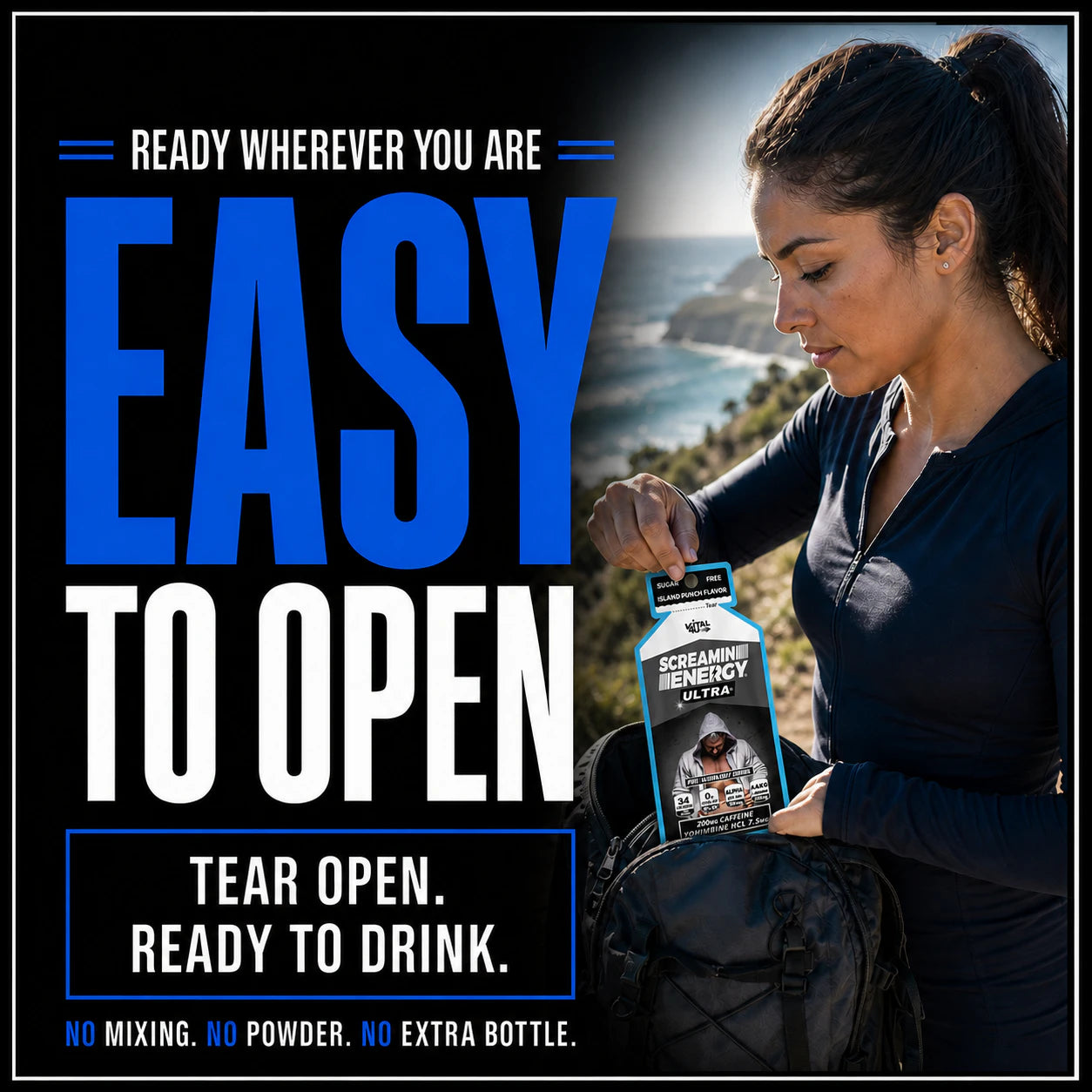 Easy to open anywhere you go. Take it in your backpack, purse, or with you anywhere you need fast-acting energy.