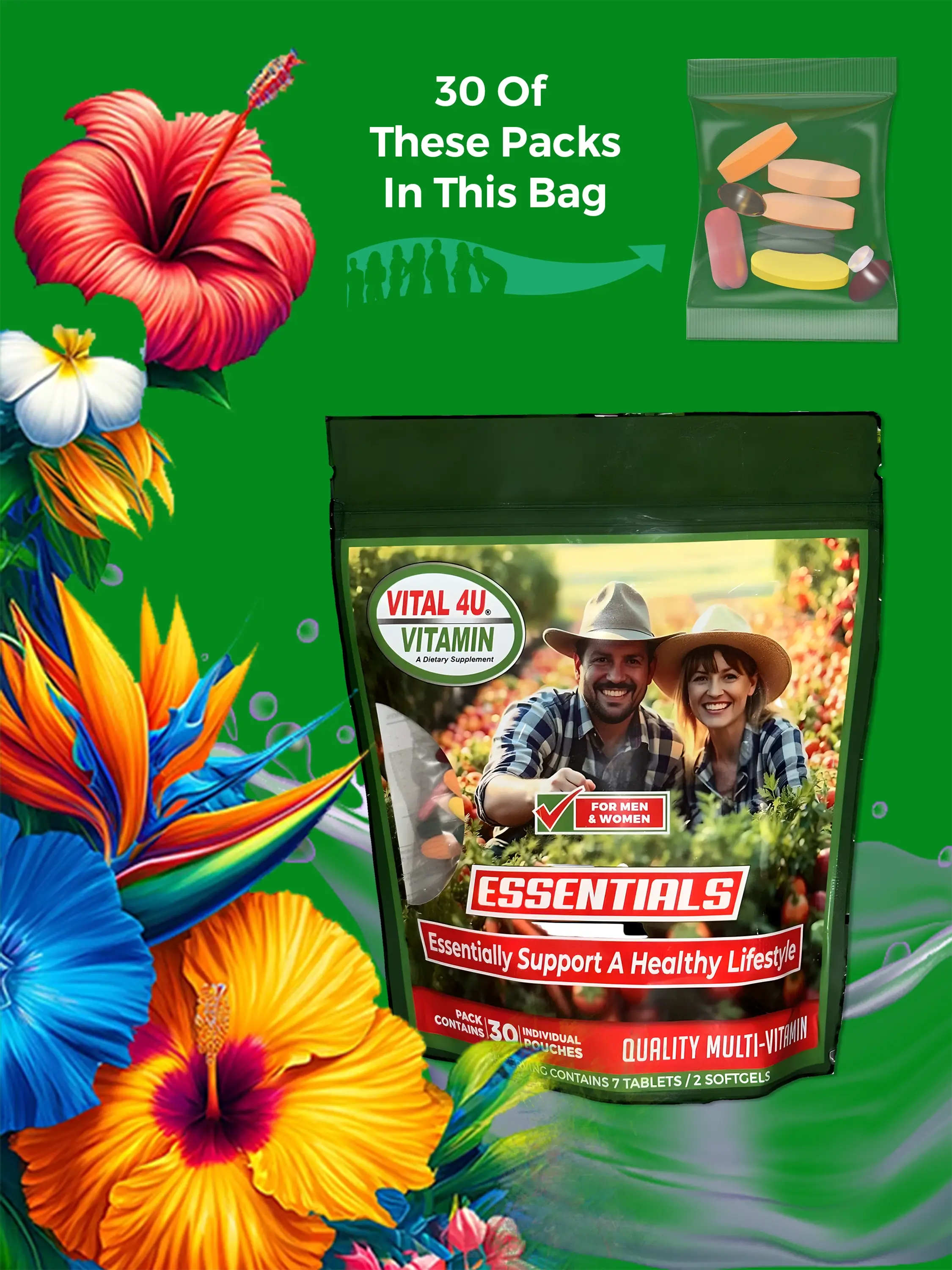 Vital 4U Vitamin Essentials package with colorful flowers and text on a green background.