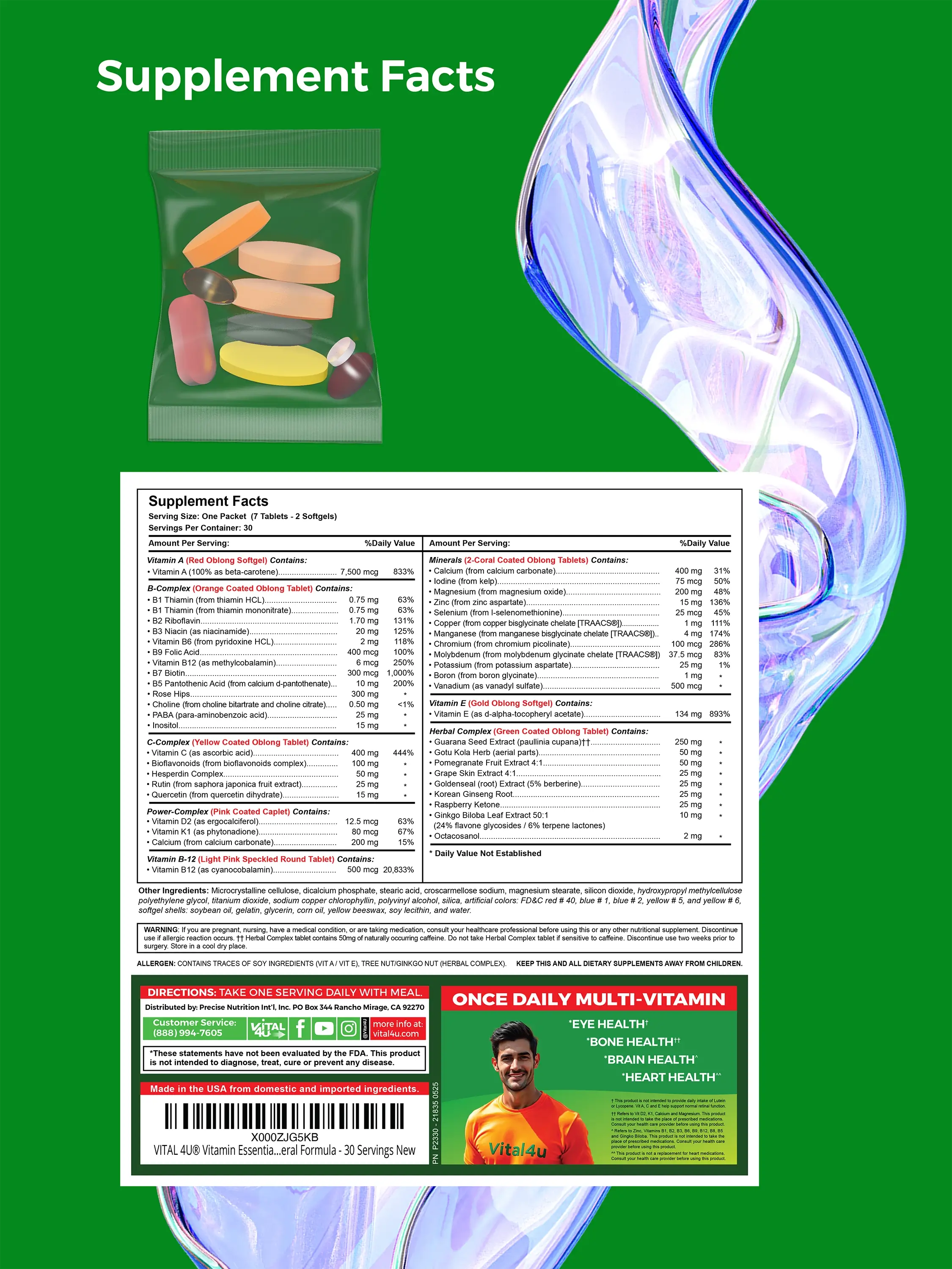 Supplement facts label with multivitamin packaging on a green background.