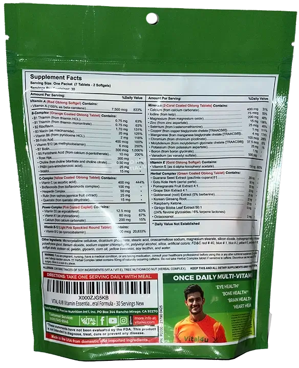 Essential vitamin bag supplement facts label.