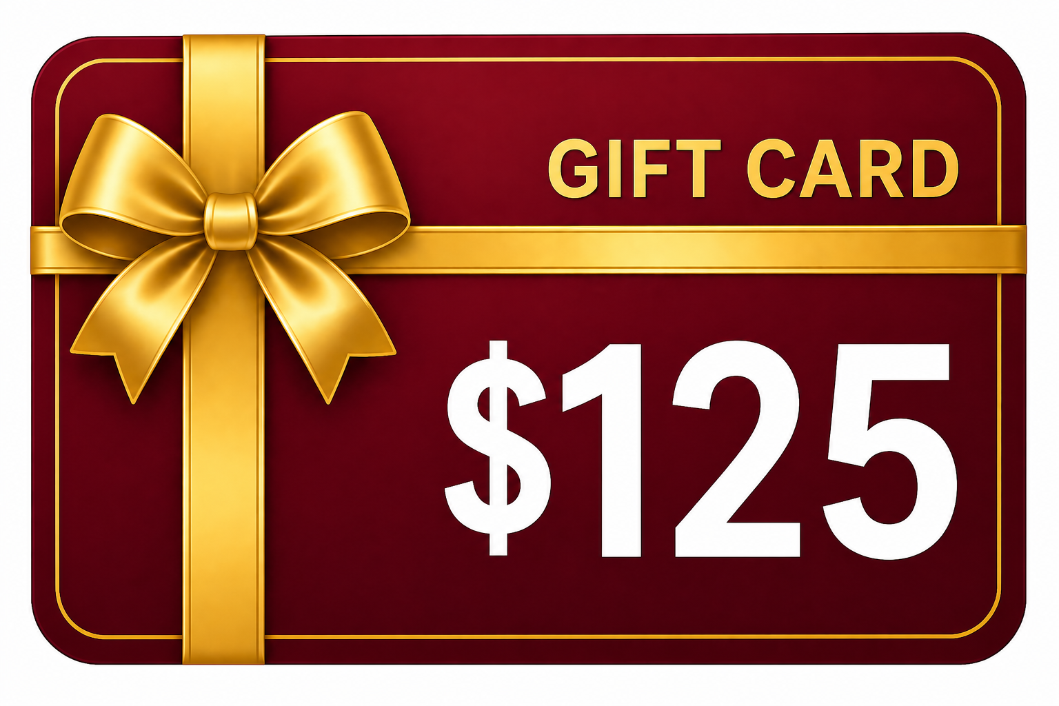 Gift card with a gold bow and $125 amount on a red background