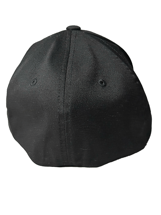 The back of a black flex fit cap.