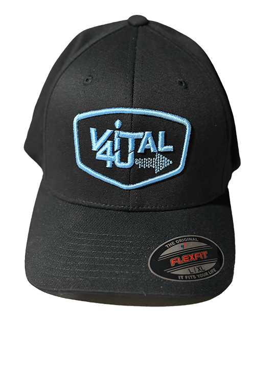 Black flexfit cap with blue Vital 4U logo.

