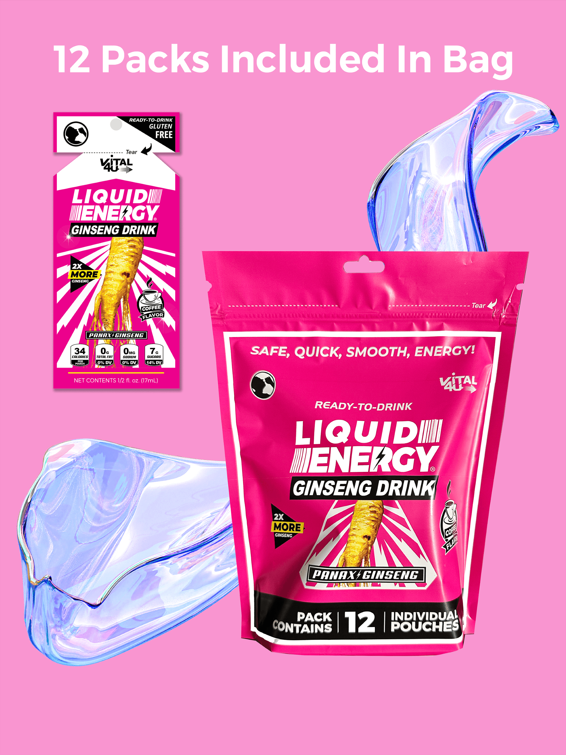 Pink Liquid Energy Ginseng Drink package with 12 individual pouches on a pink background.
