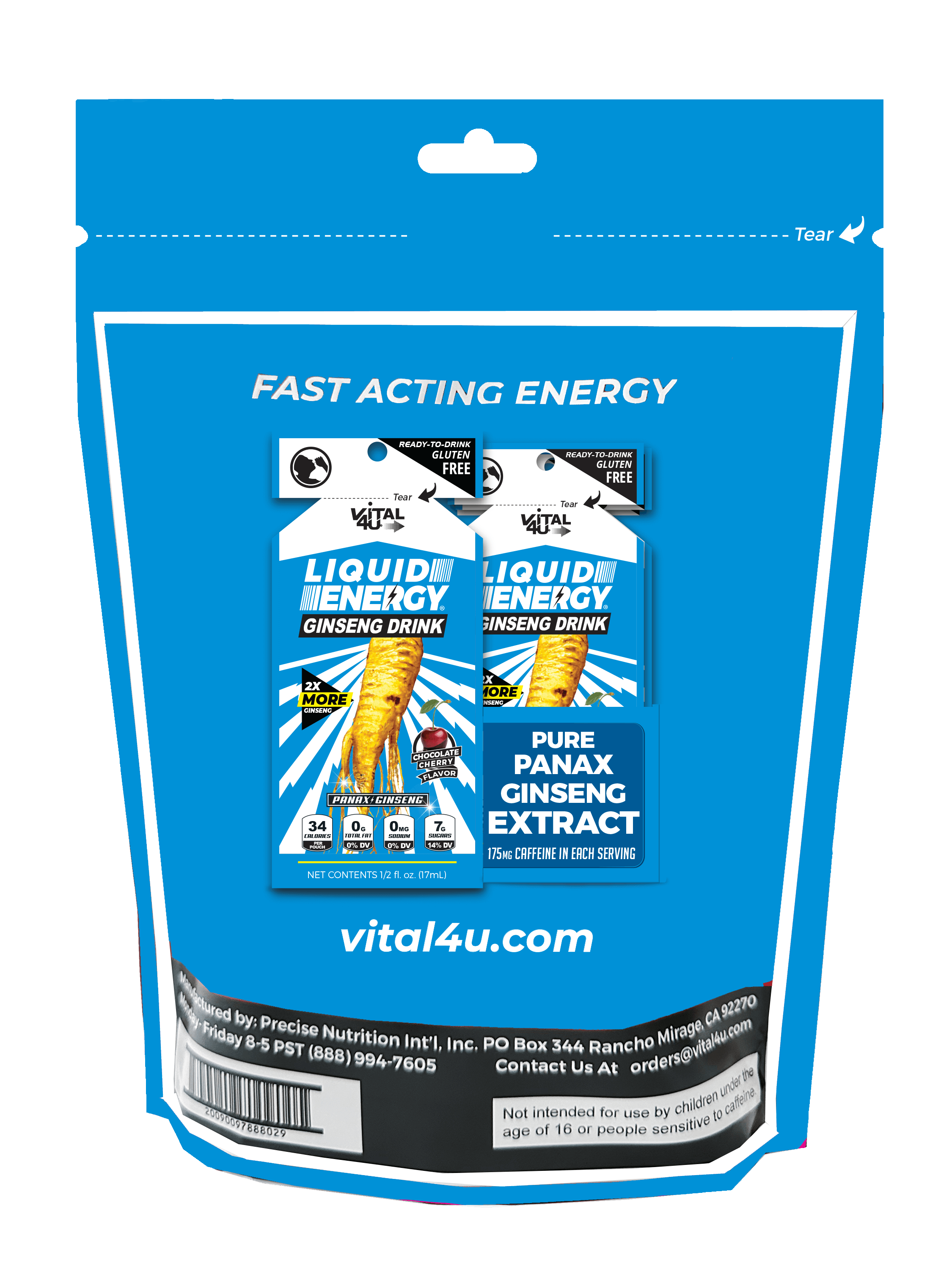 Blue packaging of chocolate cherry flavored Liquid Energy shots with branding and product details.