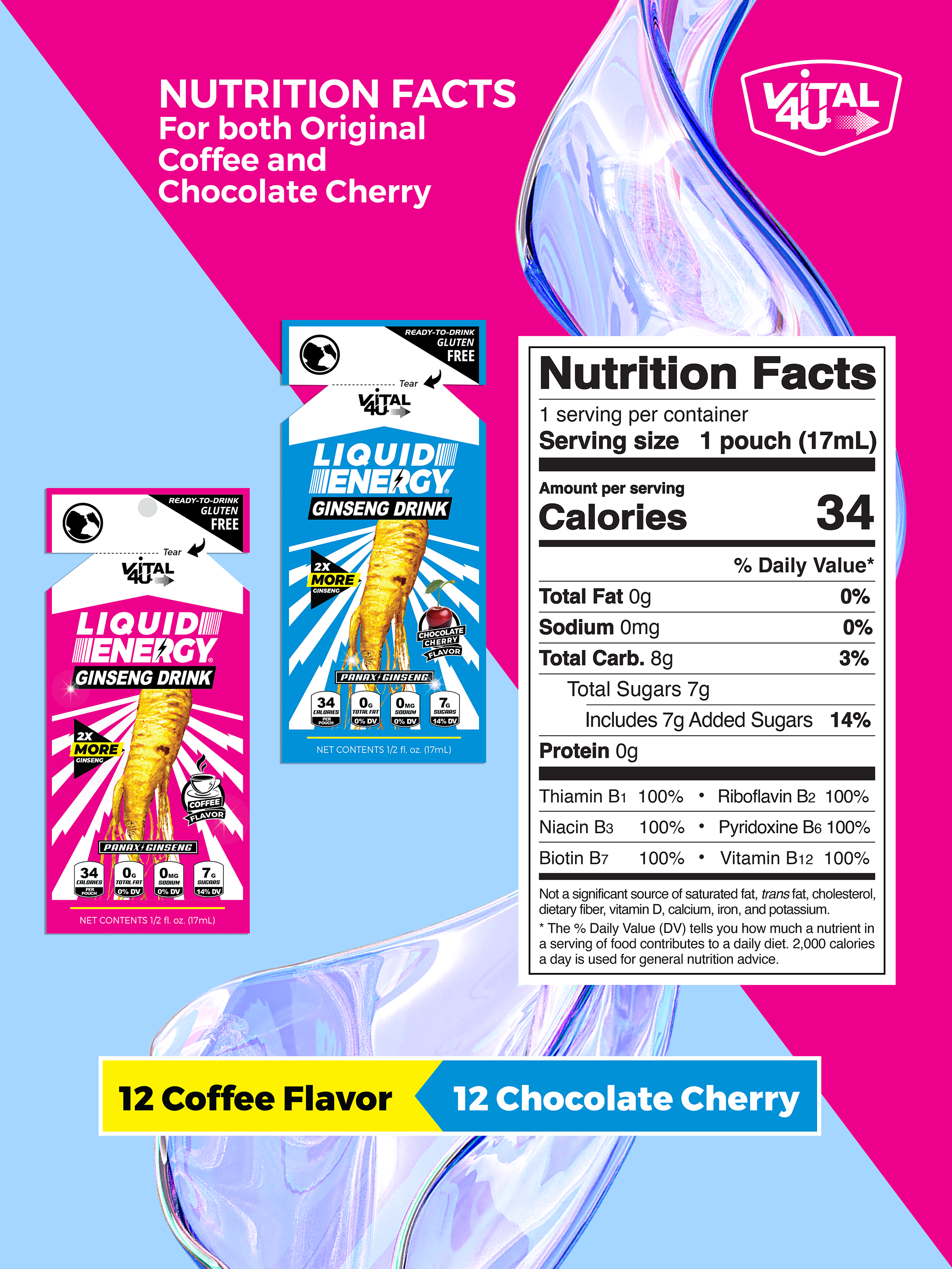 Nutrition facts for the Vital 4U Liquid Energy Ginseng Drink, Chocolate Cherry and Coffee flavors,