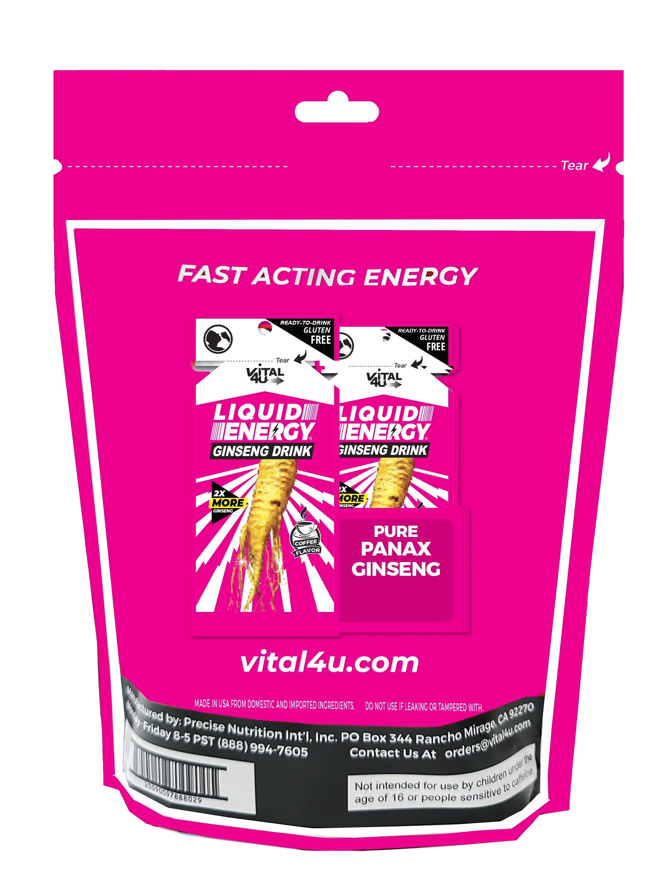 Pink packaging of Liquid Energy Ginseng Drink with branding and website information.